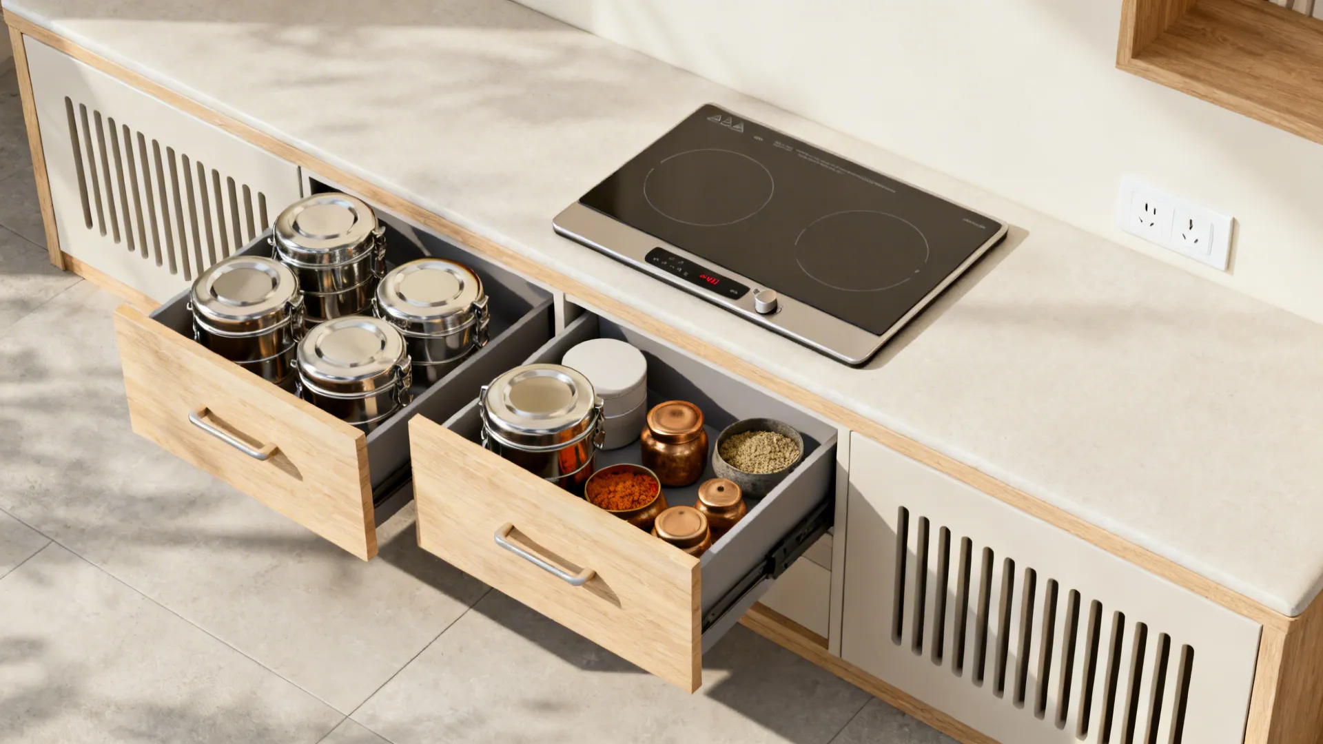 Top-down of a katta bench with organized drawers for tiffins, spices, and a slim induction.