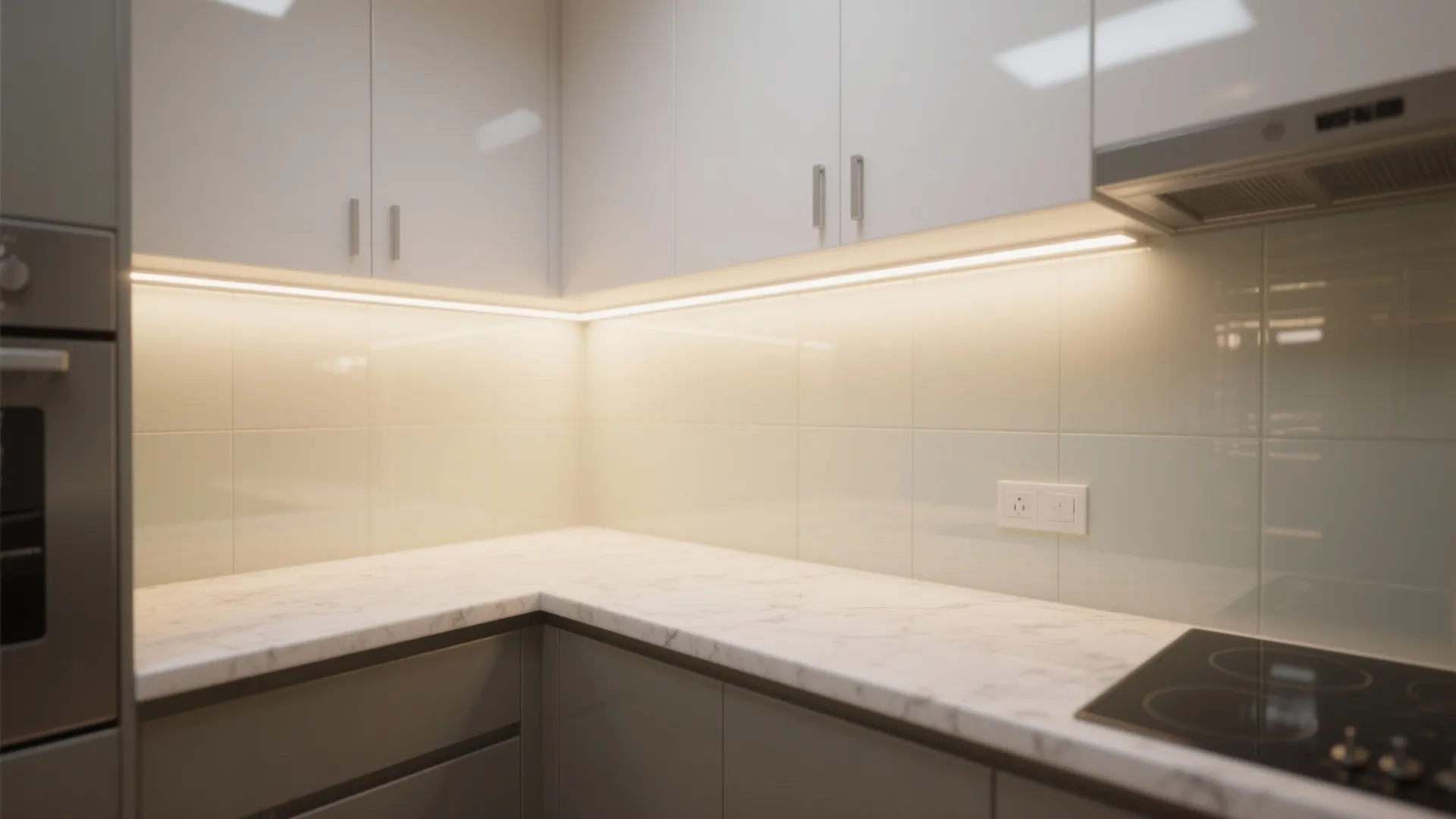 Under-cabinet lighting and reflective finishes