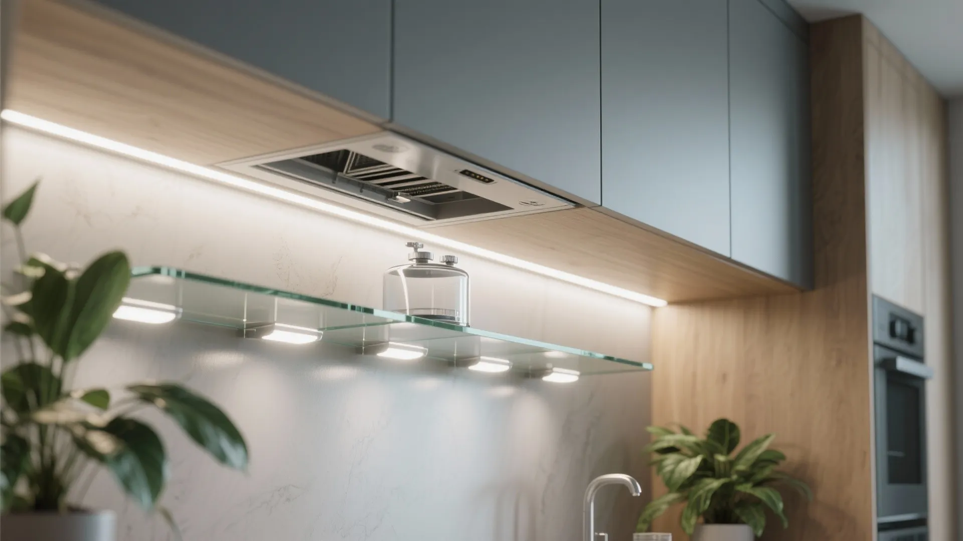 Under-cabinet LED bars with small aluminum reflectors lighting a minimalist shelf aquarium with hidden hardware.