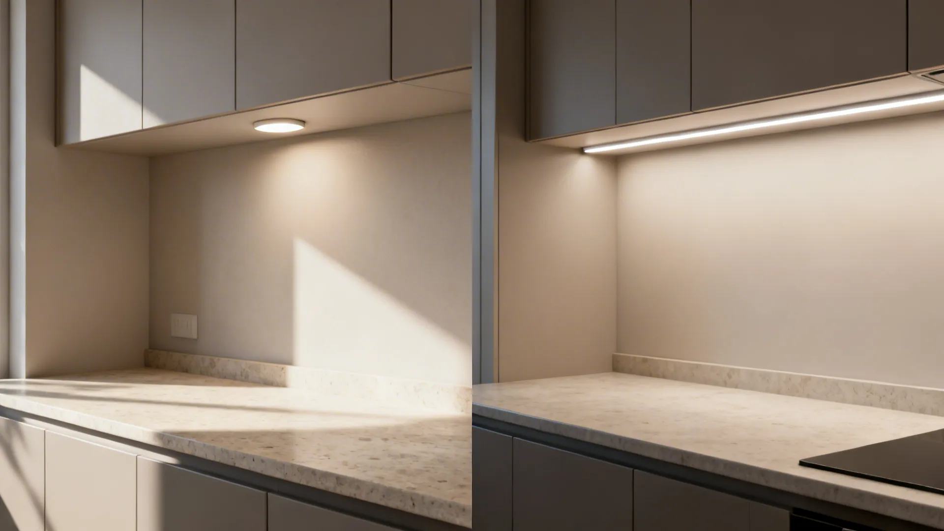 Before-and-after showing shadows with ceiling-only light versus even under-cabinet LED lighting.