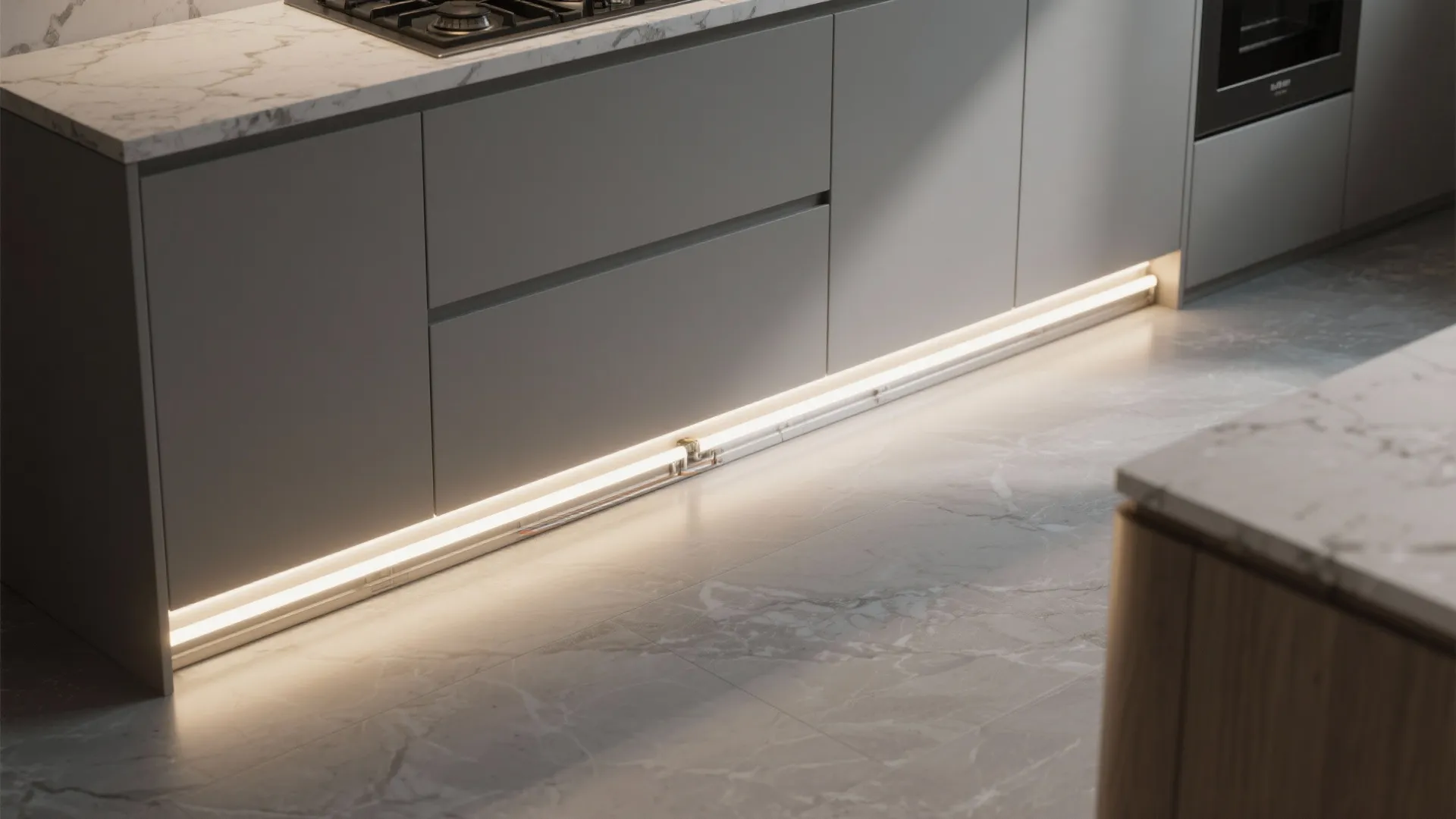 Kitchen countertop lit by integrated under-cabinet LED strips and toe-kick lighting