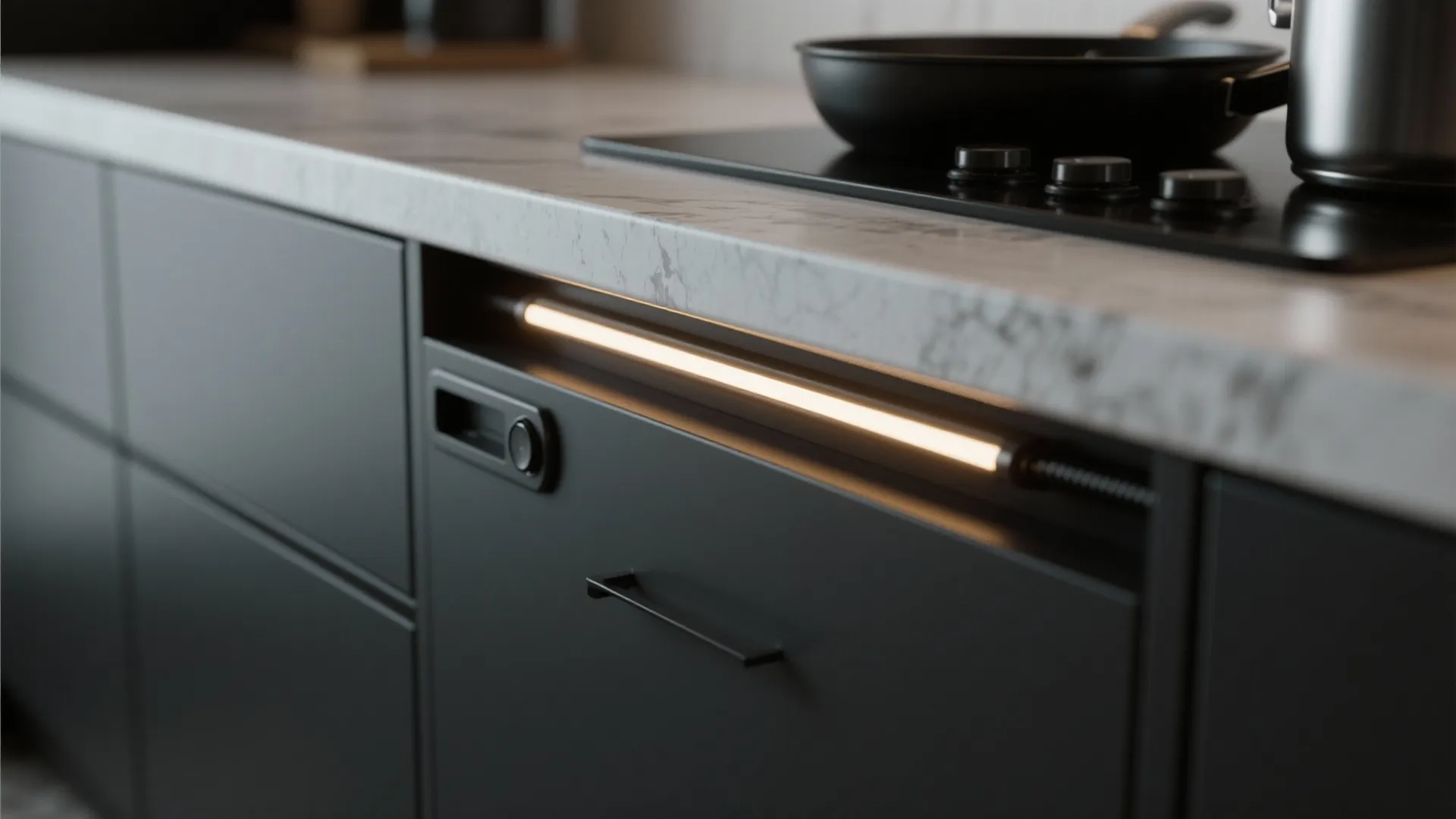Close up of black kitchen cabinet with warm light strip under marble countertop and stove