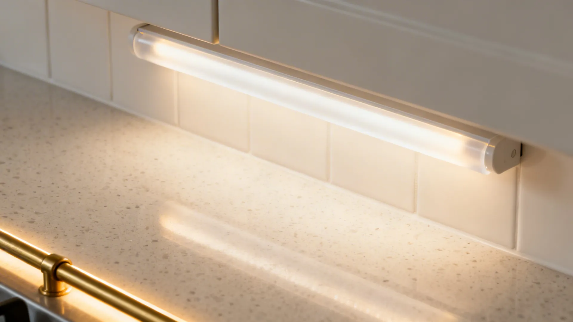Close up of warm light fixture installed under white kitchen cabinets above a stone countertop