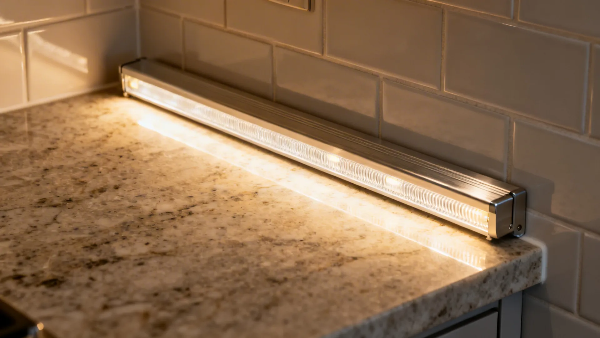 Macro of an under-cabinet LED with etched diffuser casting even light on a honed countertop.