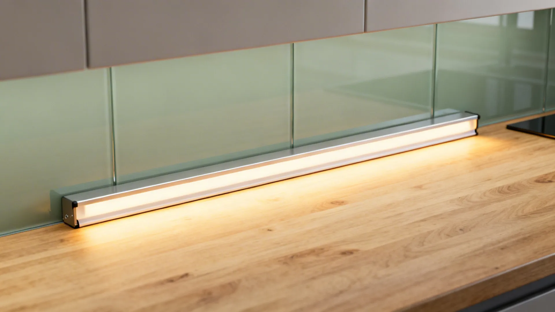 Close-up of a diffused under-cabinet LED strip washing warm light over an oak countertop and glass backsplash.
