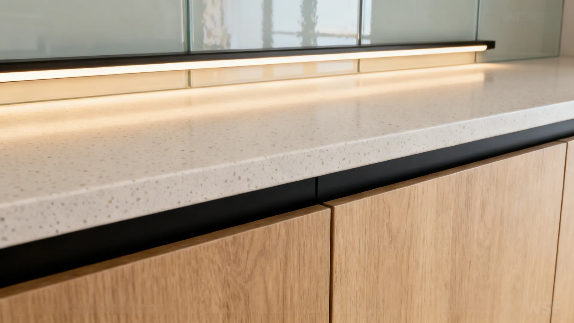 Macro of diffused under-cabinet LED lighting illuminating a pale quartz countertop and glass backsplash.