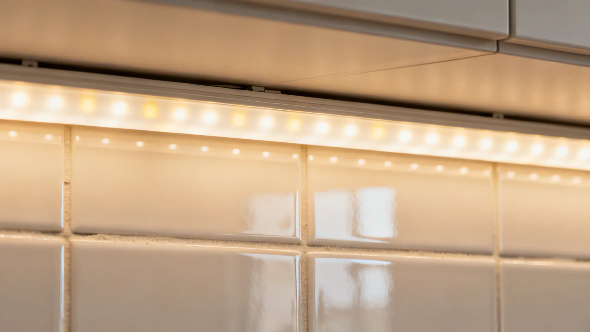 Warm LED strip light fixture installed under a white kitchen cabinet reflecting on white tiles