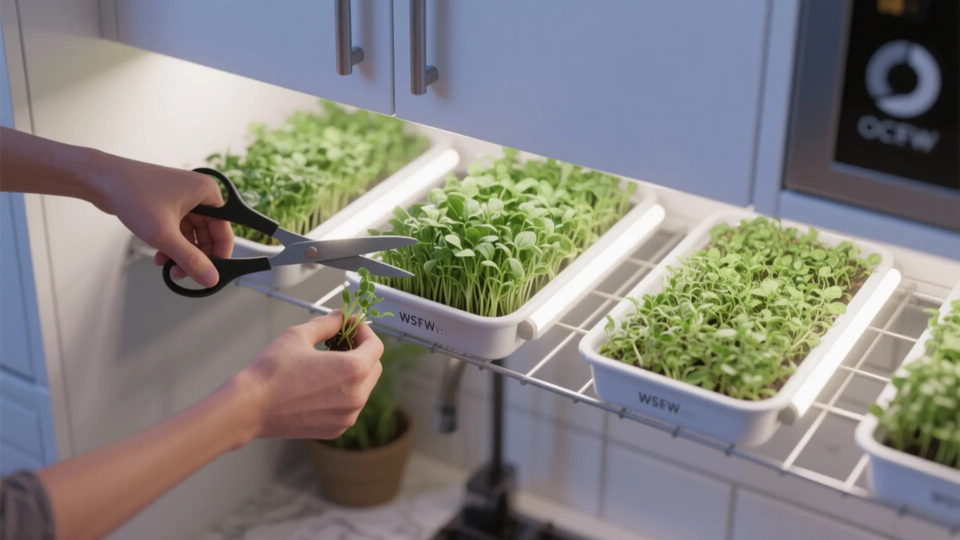 A person using scissors to harvest fresh green microgreens growing in white trays under lights