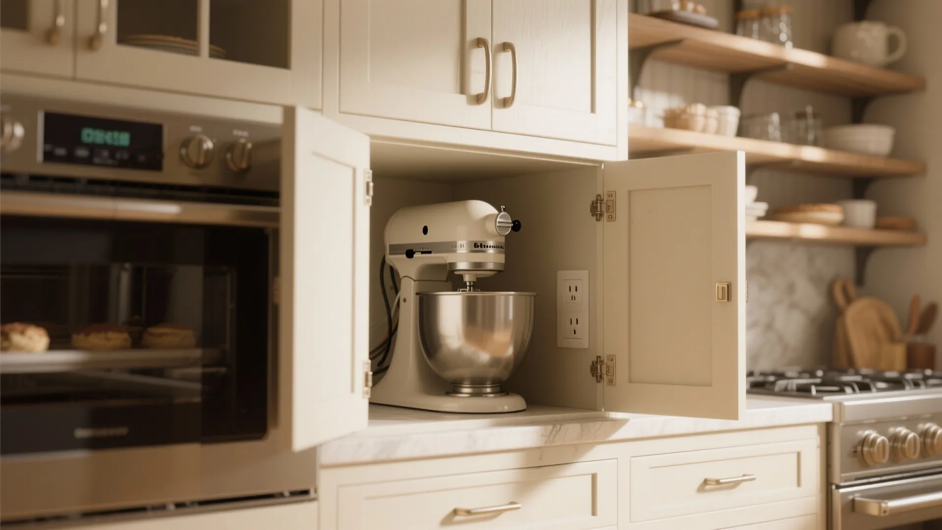 Cream kitchen cabinet with open doors showing a white food mixer inside on marble countertop