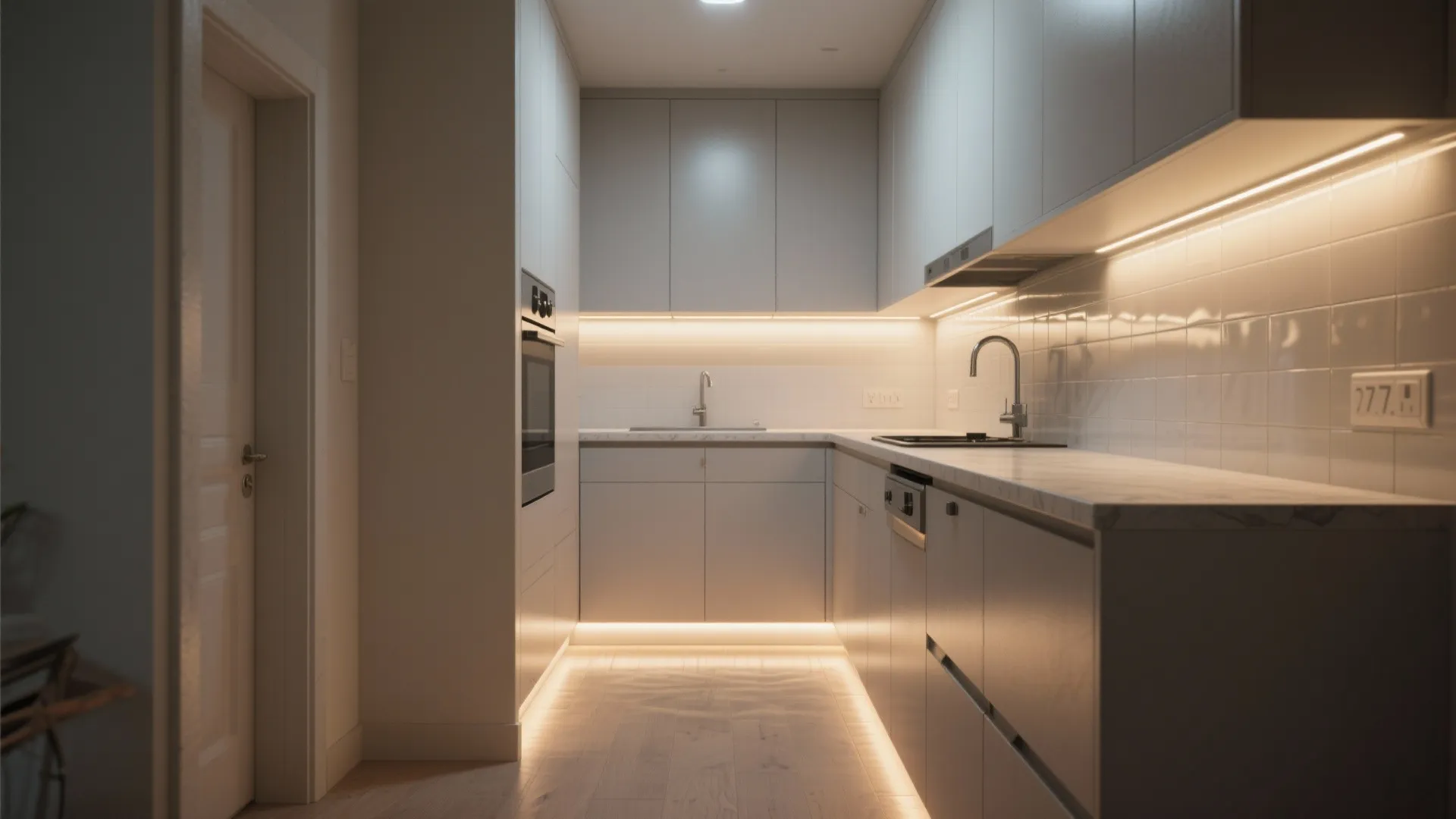 Small kitchen room layout with grey cabinets white wall tiles and warm floor light fixture