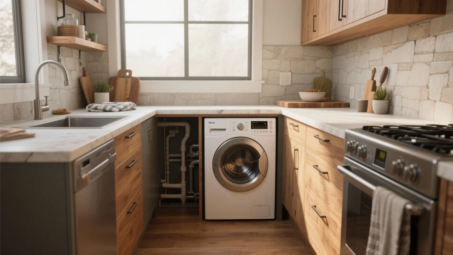 Modern kitchen with wooden cabinets and white washing machine installed under the marble counter top