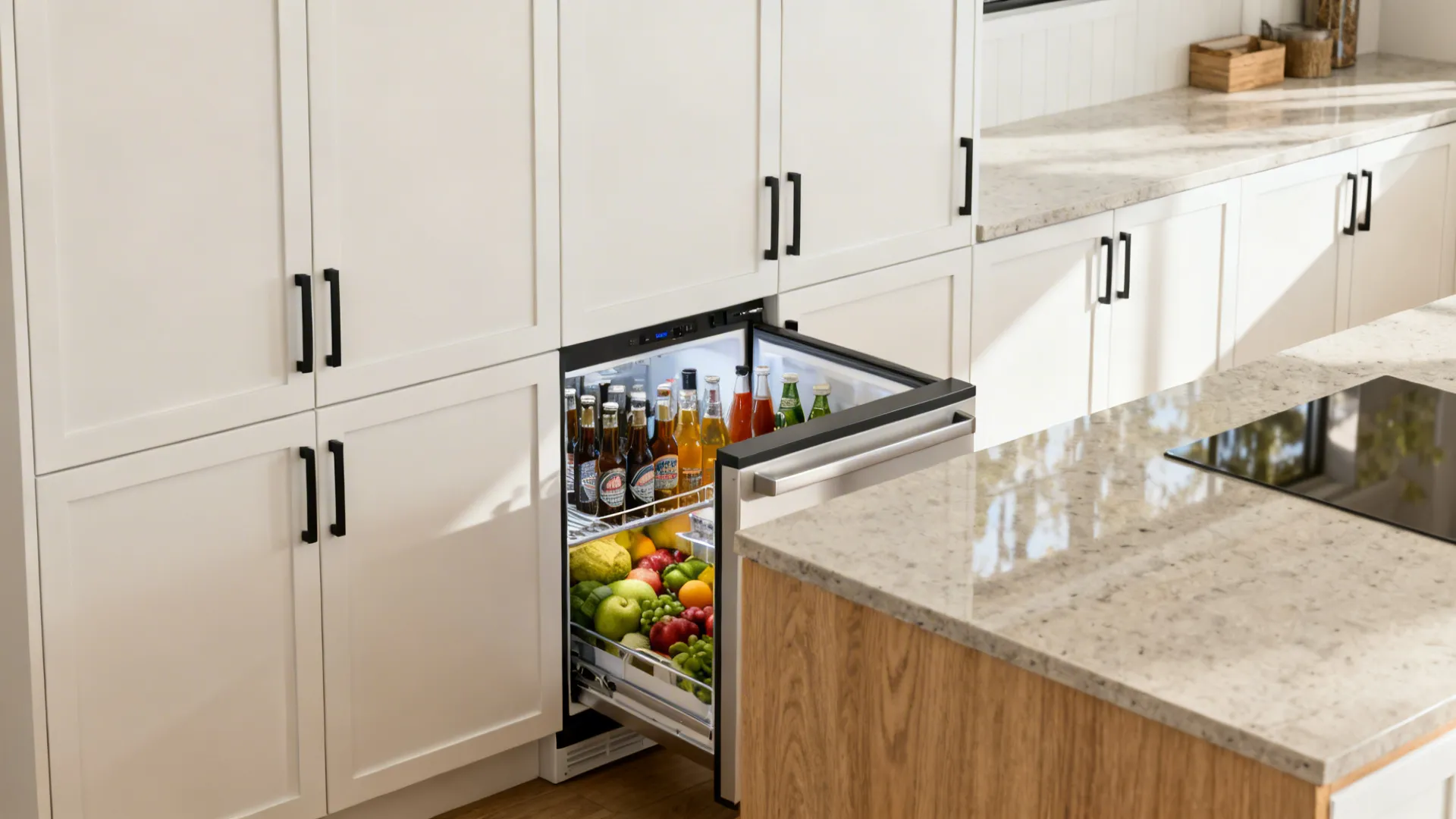 Close-up of an under-counter drawer refrigerator open beside a tall pantry cabinet.