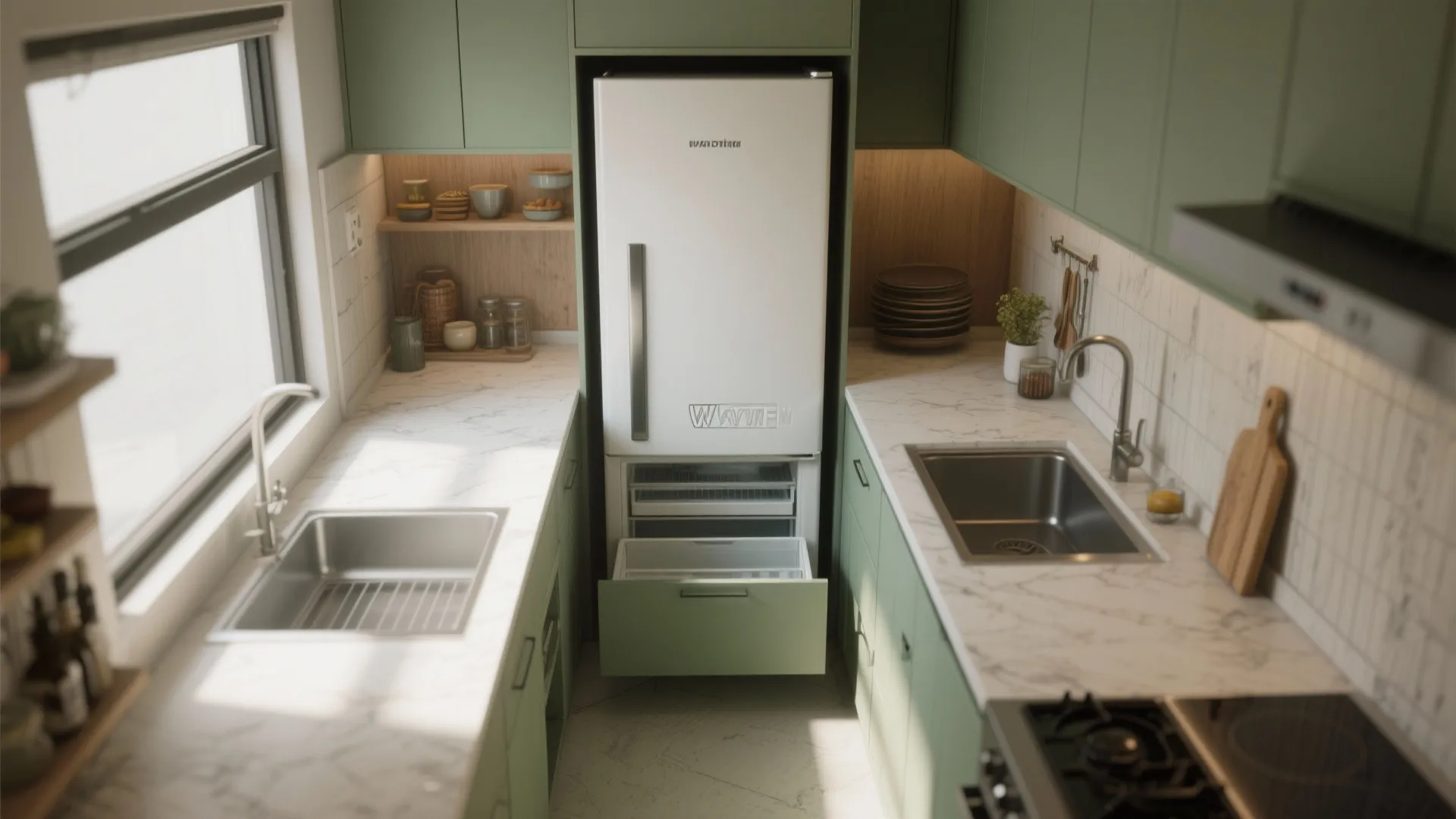 Green kitchen cabinets with white fridge marble counters double sinks and natural light from window