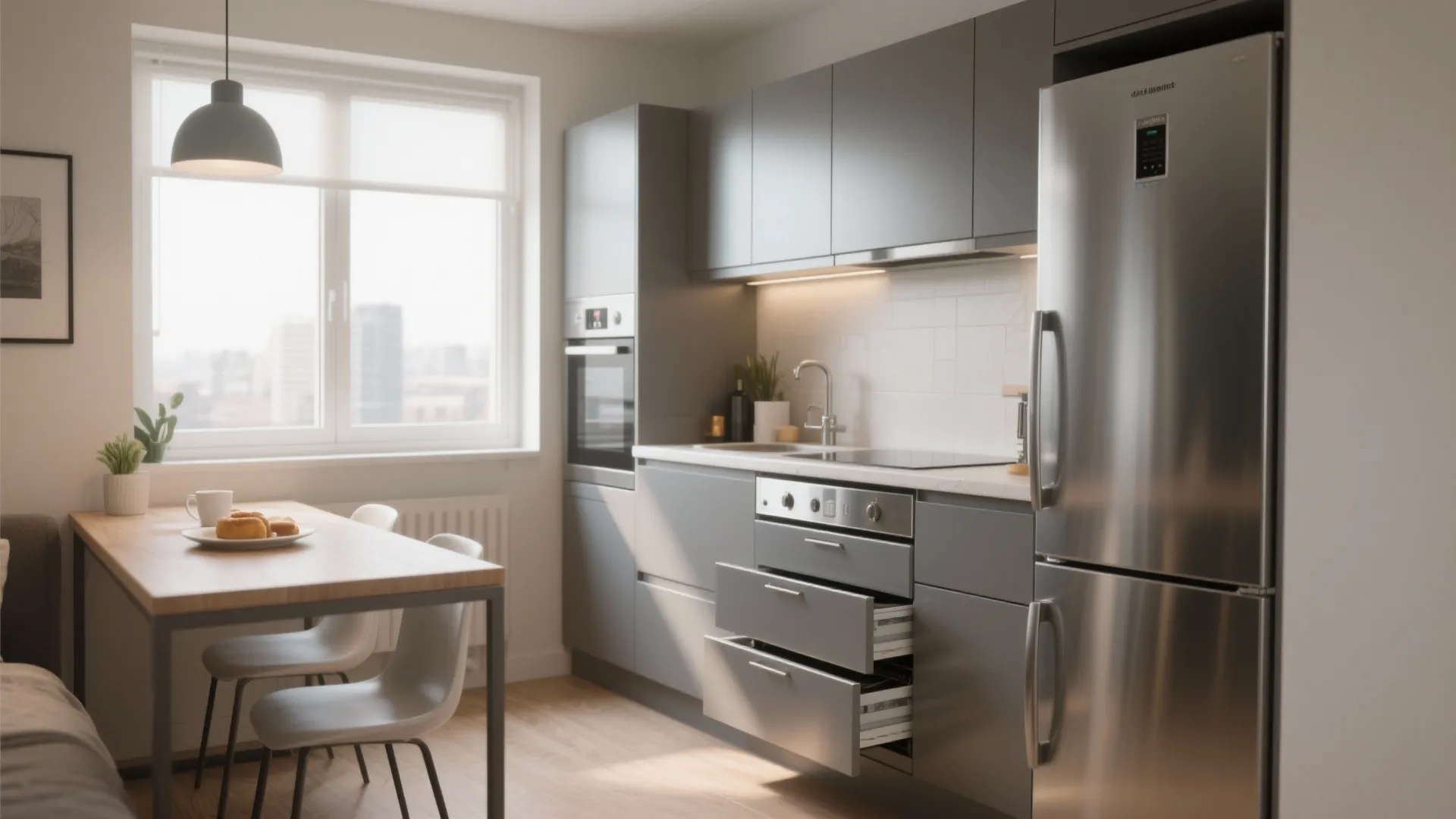 Under-counter fridge drawers in a compact studio kitchen