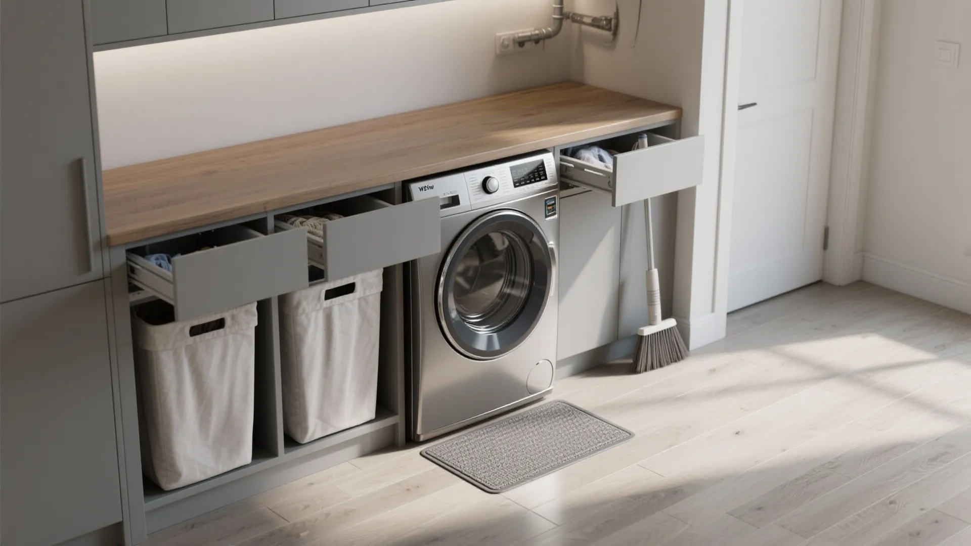 2. Under-Counter Washer with Pull-Out Hampers