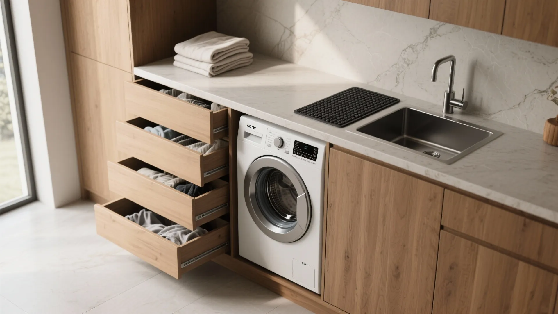 White washing machine under marble countertop with open wooden drawers showing clothes next to sink
