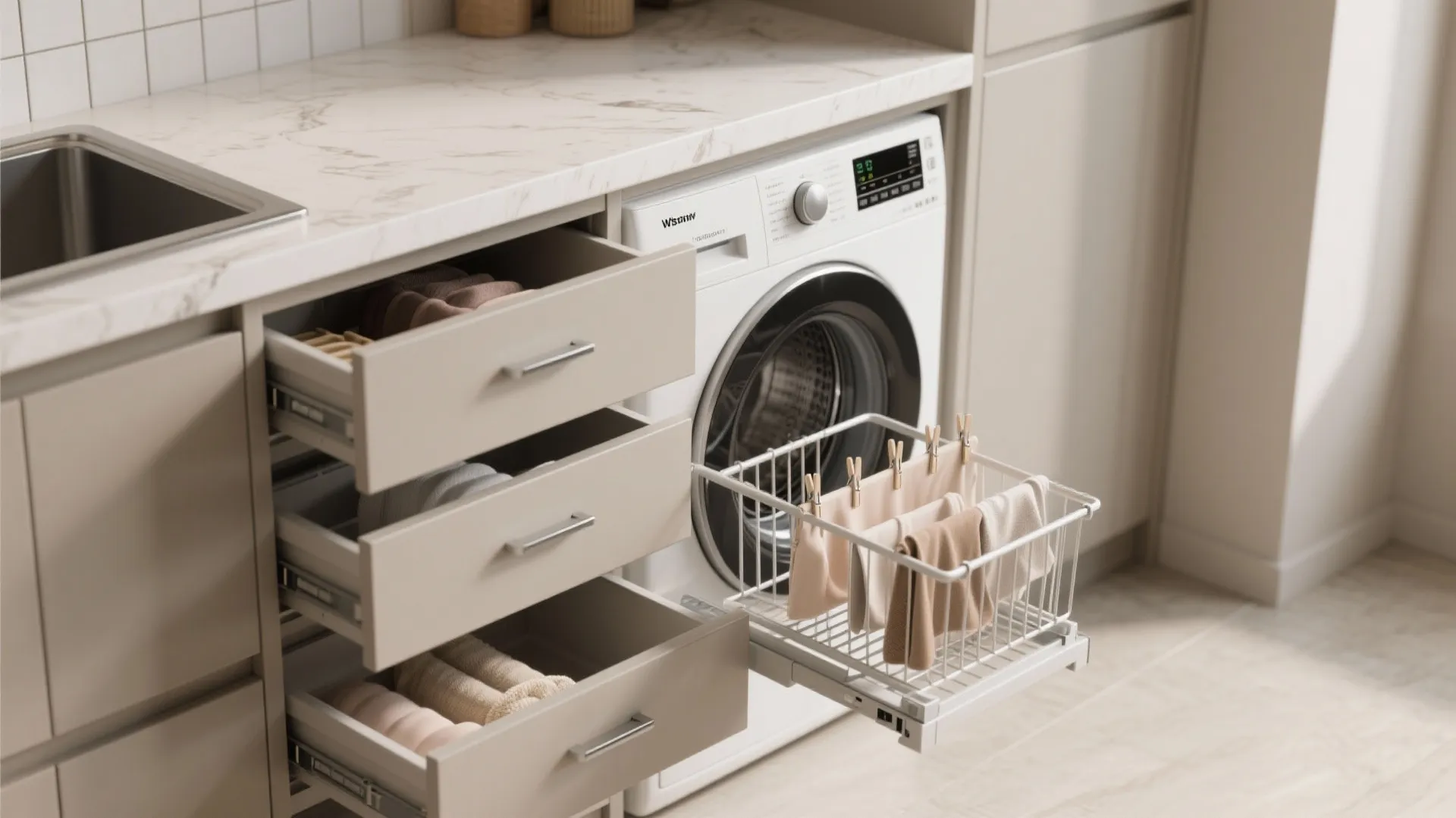 5. Under-counter washer + pull-out drying rack: Compact utility strip