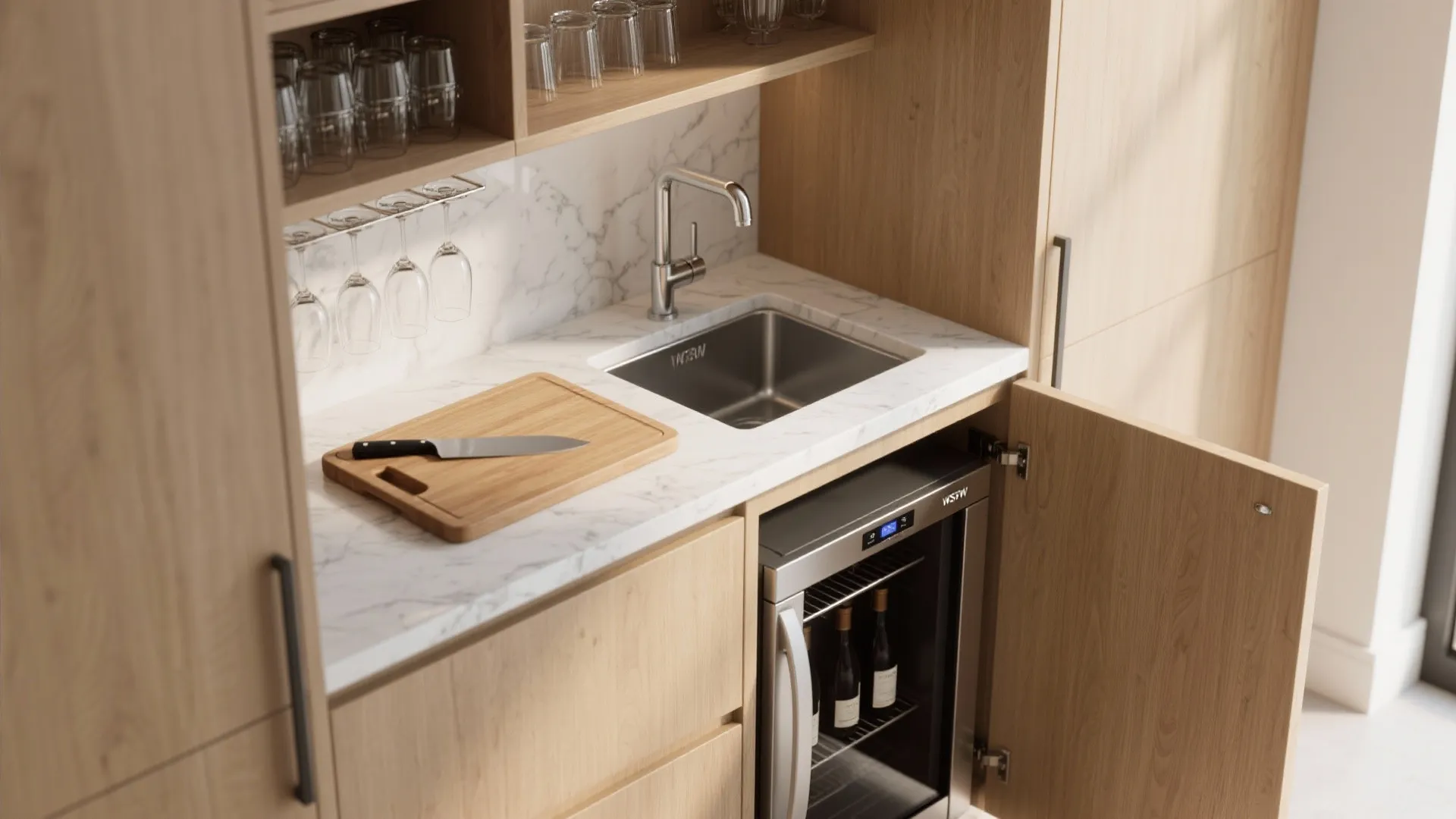Modern wet bar with wood cabinets marble countertop stainless sink small wine fridge and glasses