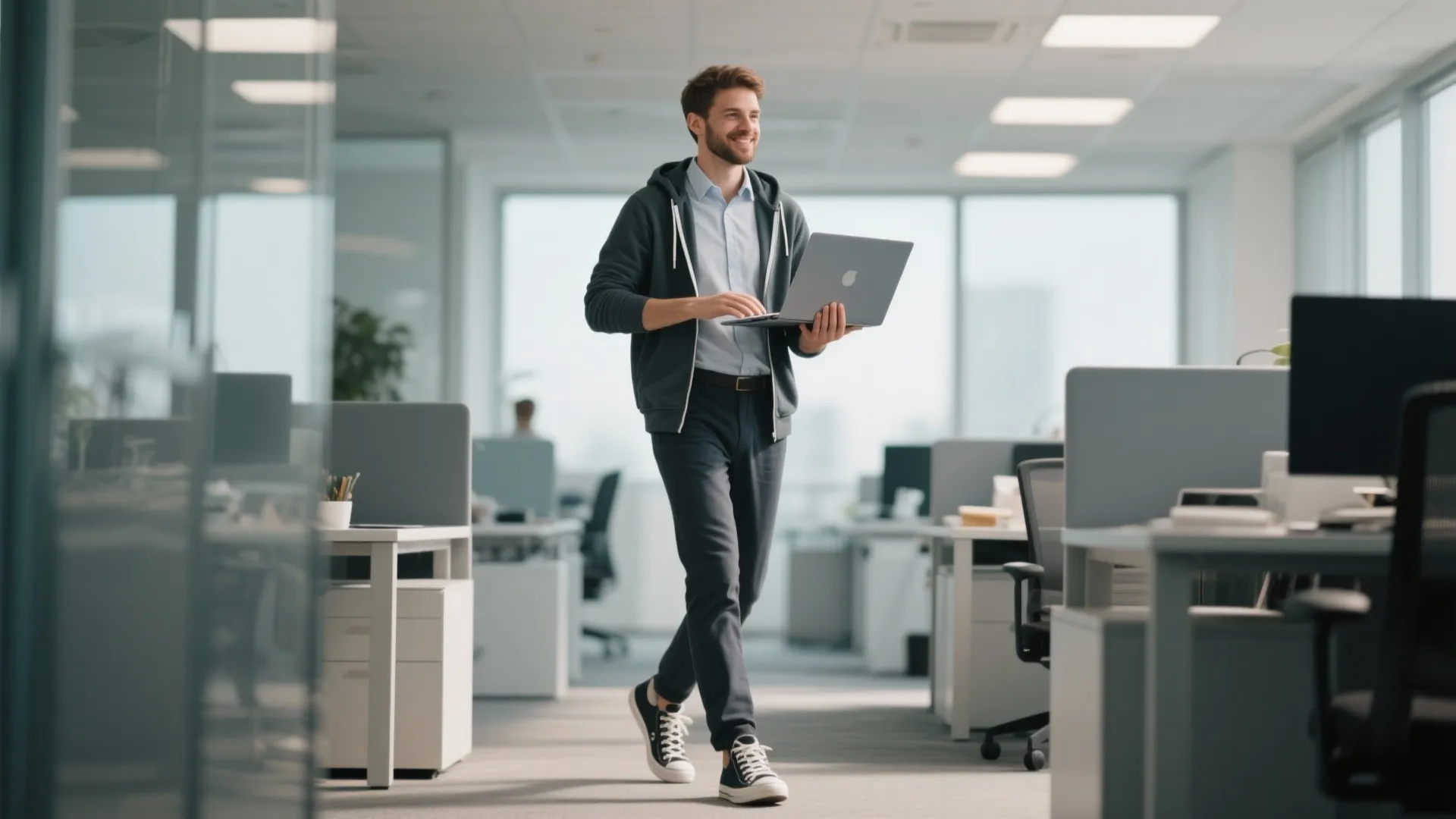 Person in hoodie over dress shirt with laptop in modern office