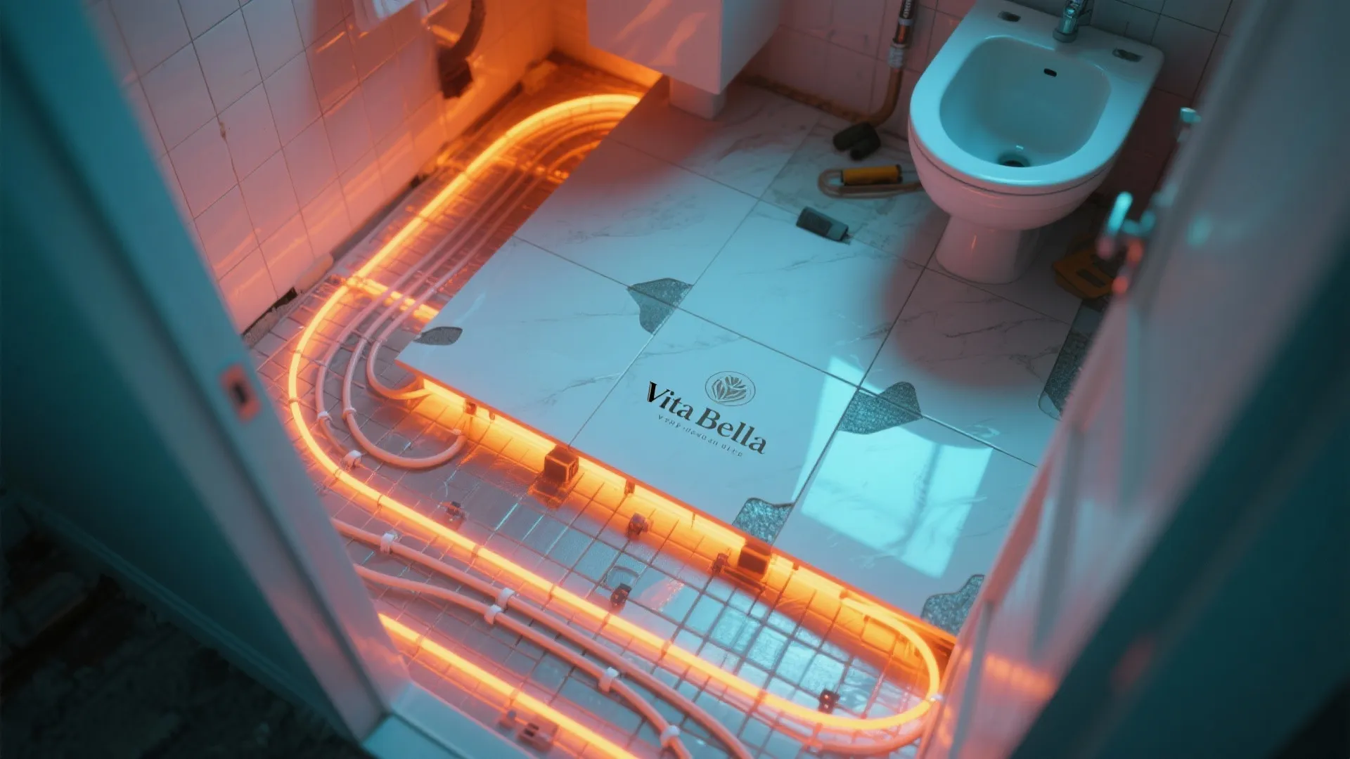 Bathroom floor renovation showing glowing orange heating pipes beneath marble tiles near a white toilet