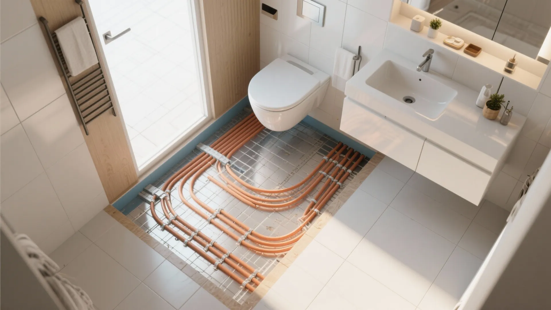 Bathroom floor showing orange heating pipes installed under tiles next to a white toilet sink