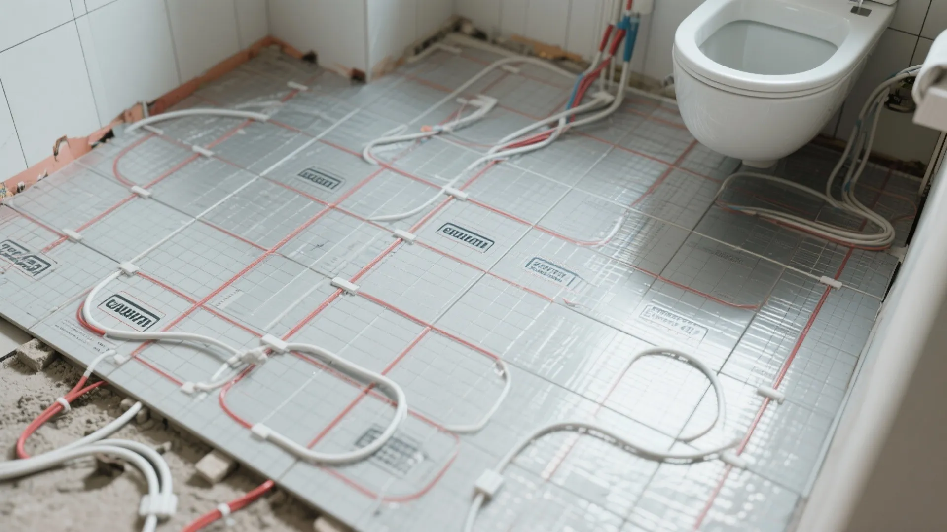 Installation of electric floor heating system with white cables on silver mats in a bathroom