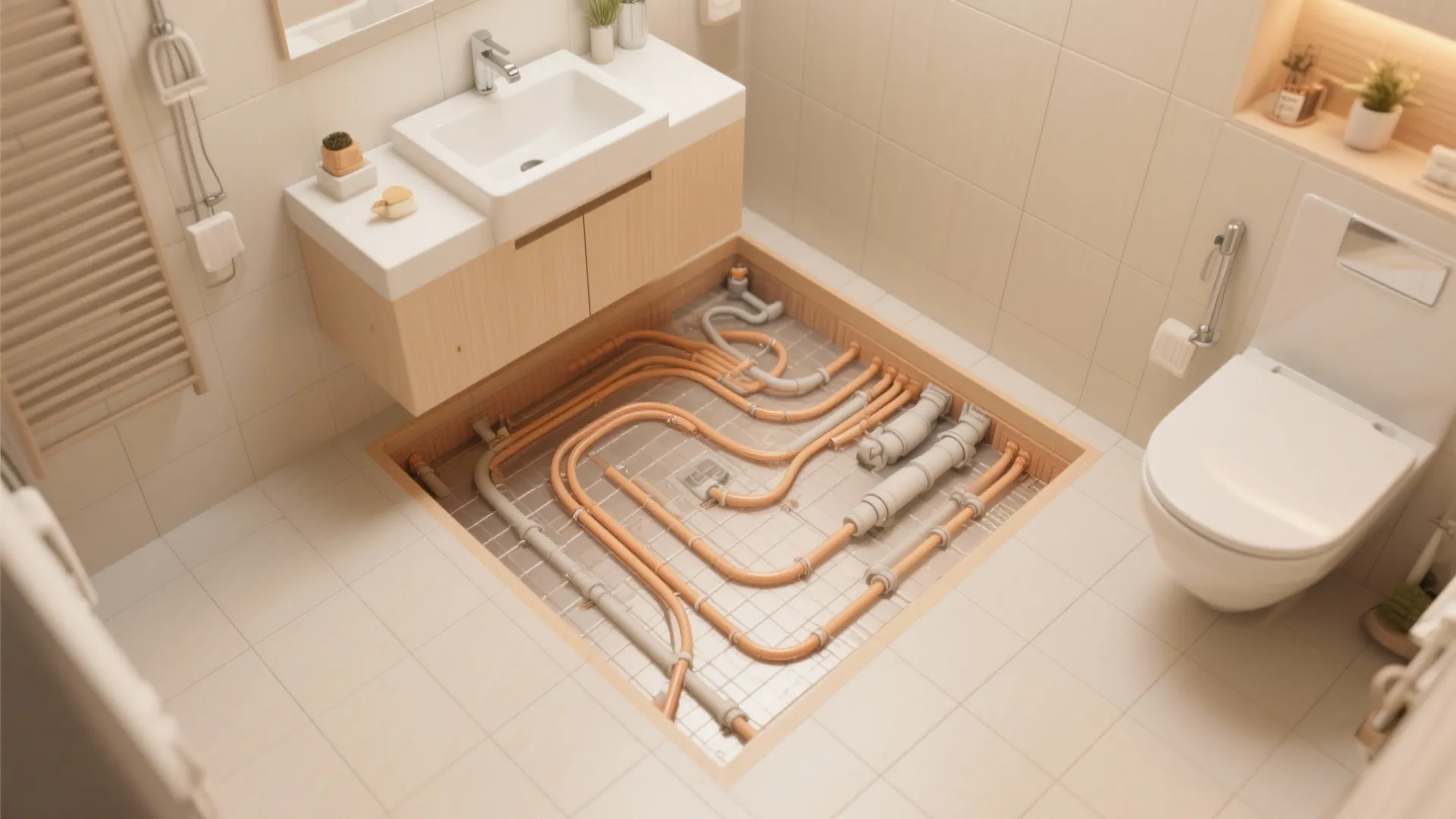 Modern bathroom interior design showing orange floor heating pipes installed under white square floor tiles