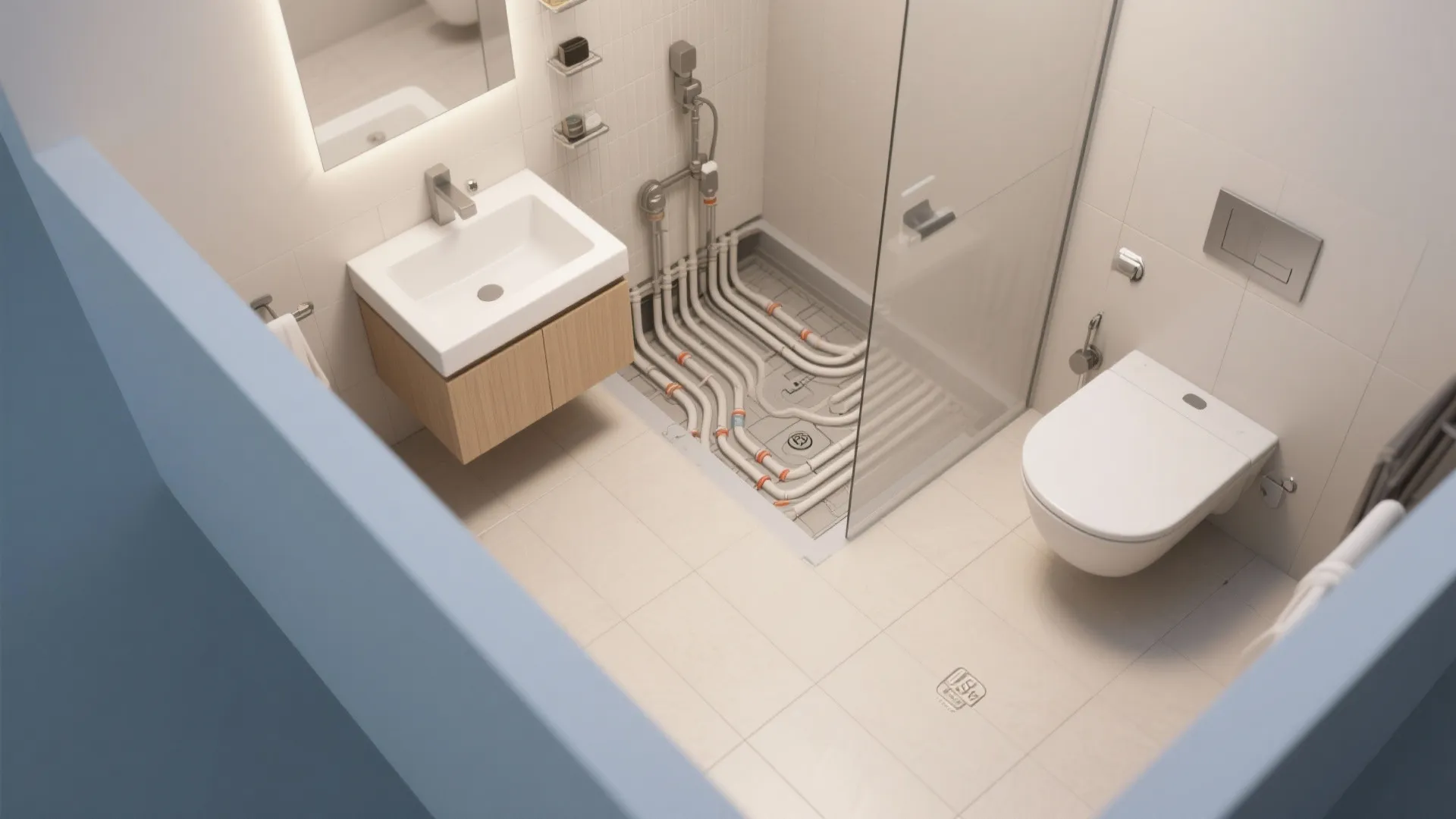 Interior design drawing of bathroom showing white water pipes installed under floor for home heating