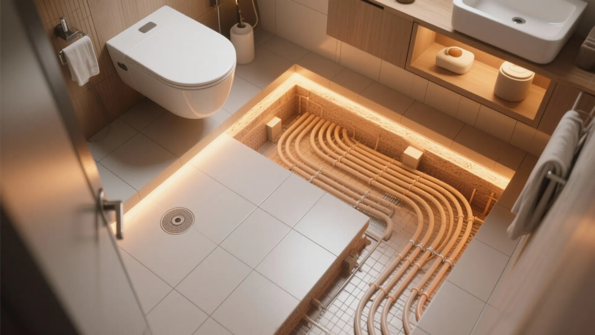 Interior design drawing showing floor heating pipes installed under tiles in a modern white bathroom