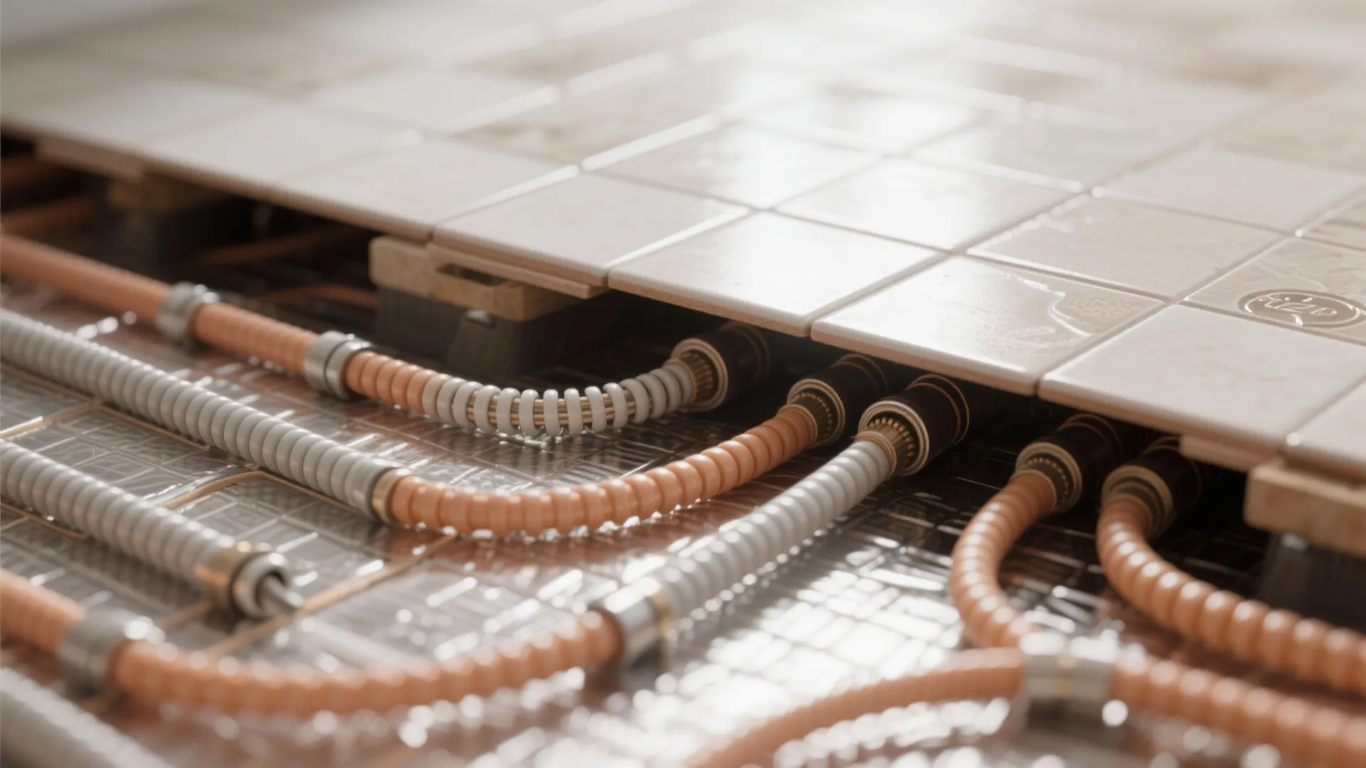 Close up of underfloor heating system with orange and grey pipes installed beneath floor tiles