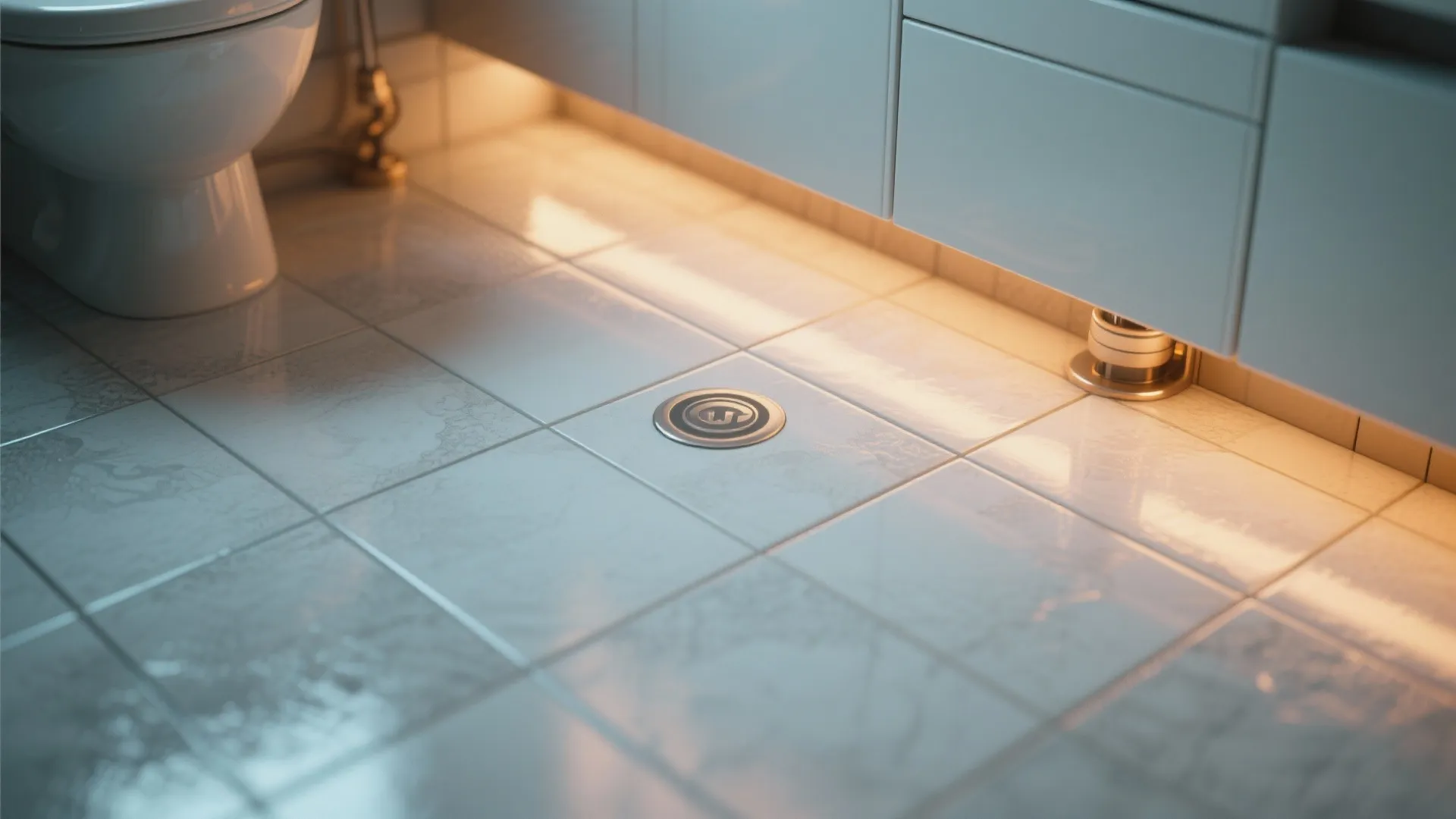Close up of tiled bathroom floor with underfloor heating light glowing beneath a white cabinet
