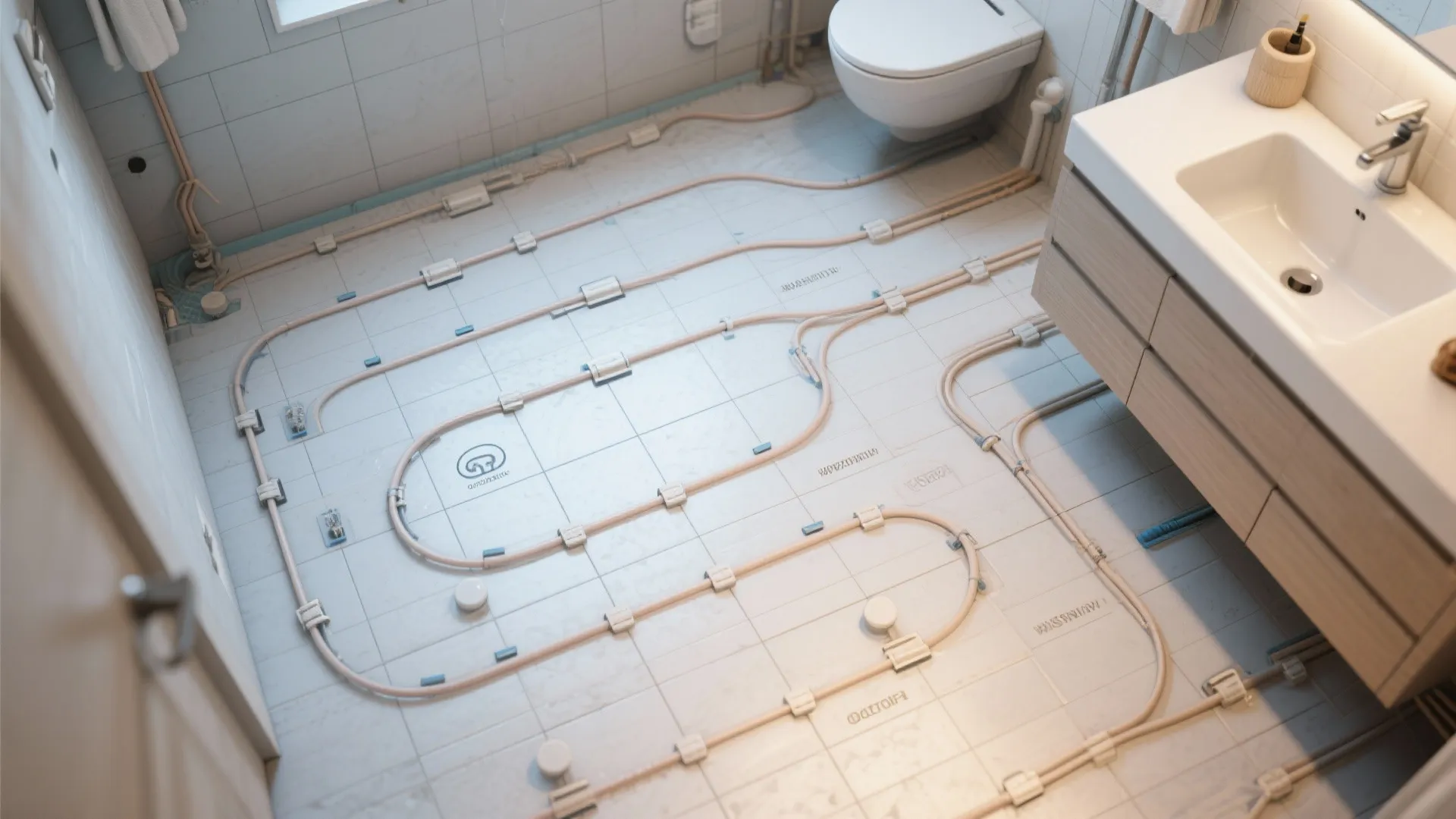 Modern bathroom floor with underfloor heating pipes installed before tiling near toilet and wood cabinet