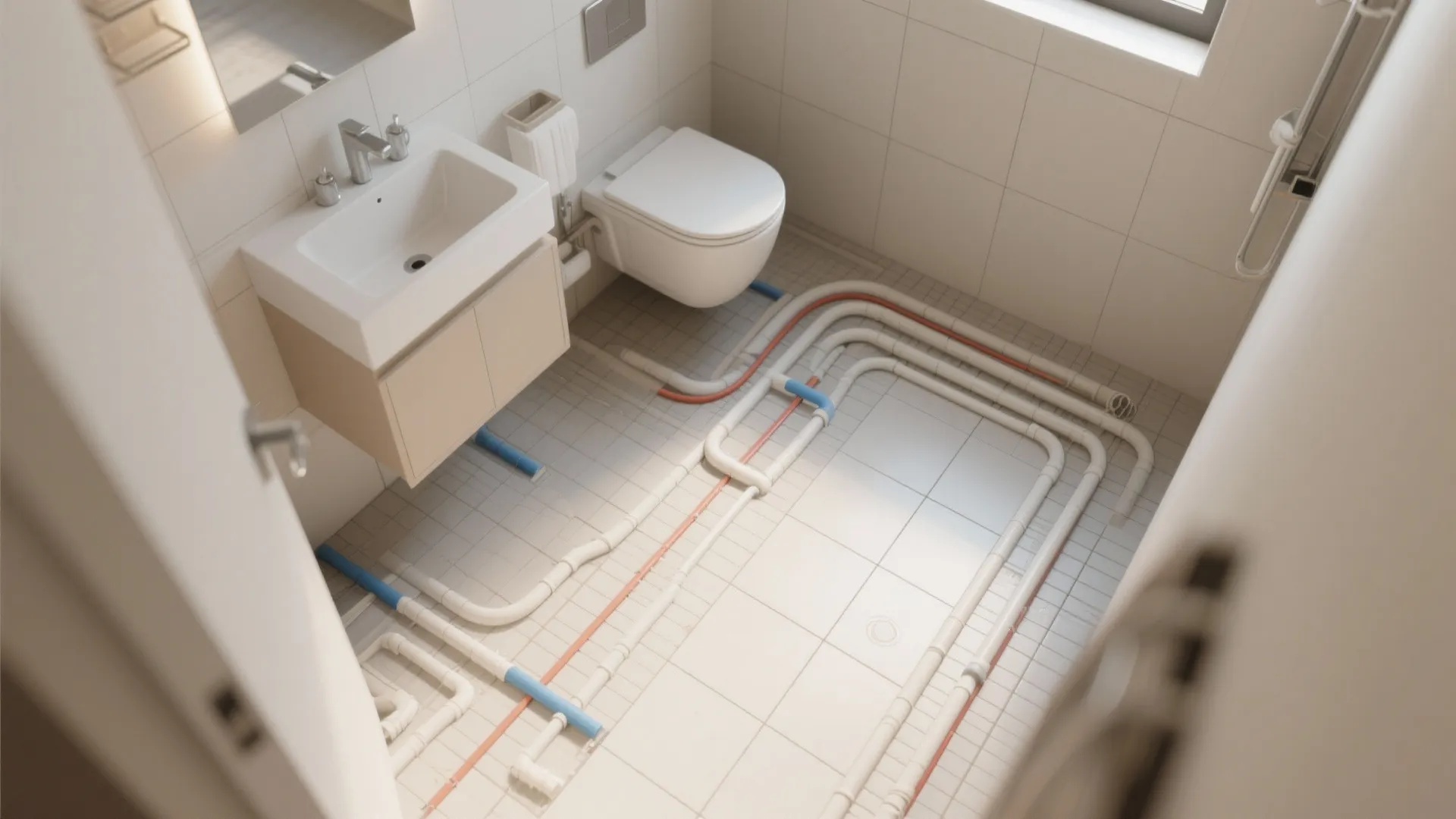Modern bathroom floor layout showing complex white and blue pipes for underground home heating systems