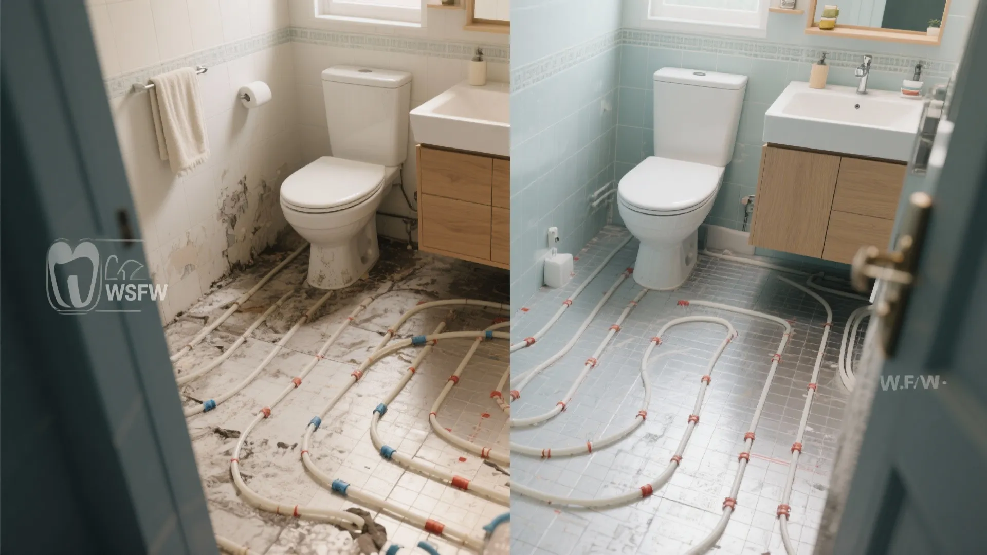 Before and after comparison of bathroom floor renovation showing pipes installation for underfloor heating system