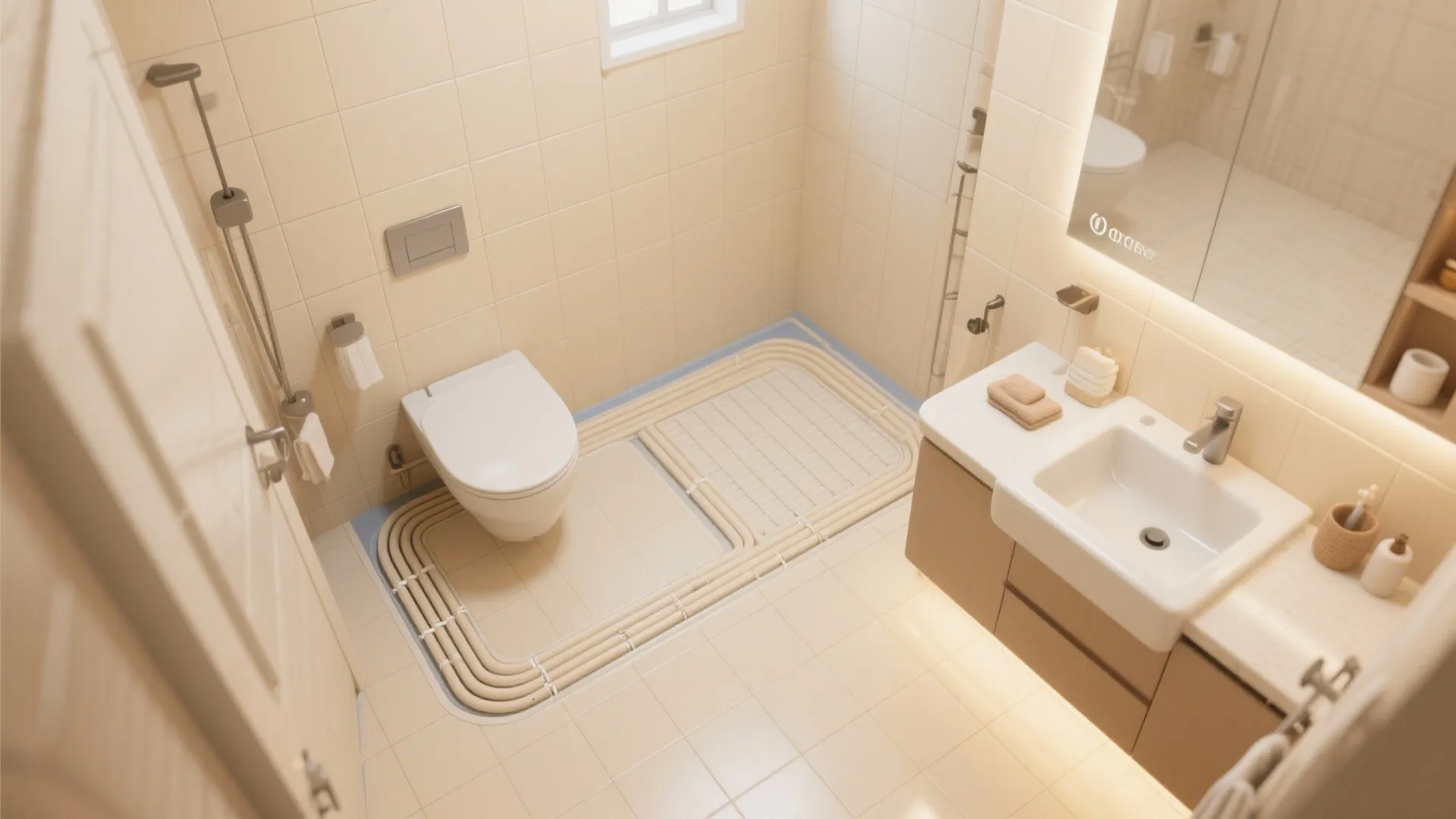 Interior design drawing showing underfloor heating pipes installed in a cream bathroom with white toilet