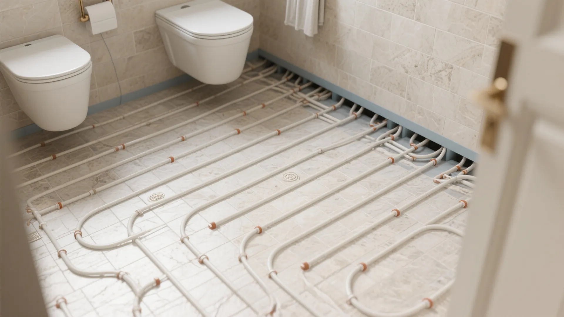 Installation of underfloor heating pipes on a bathroom floor before covering with new stone tiles