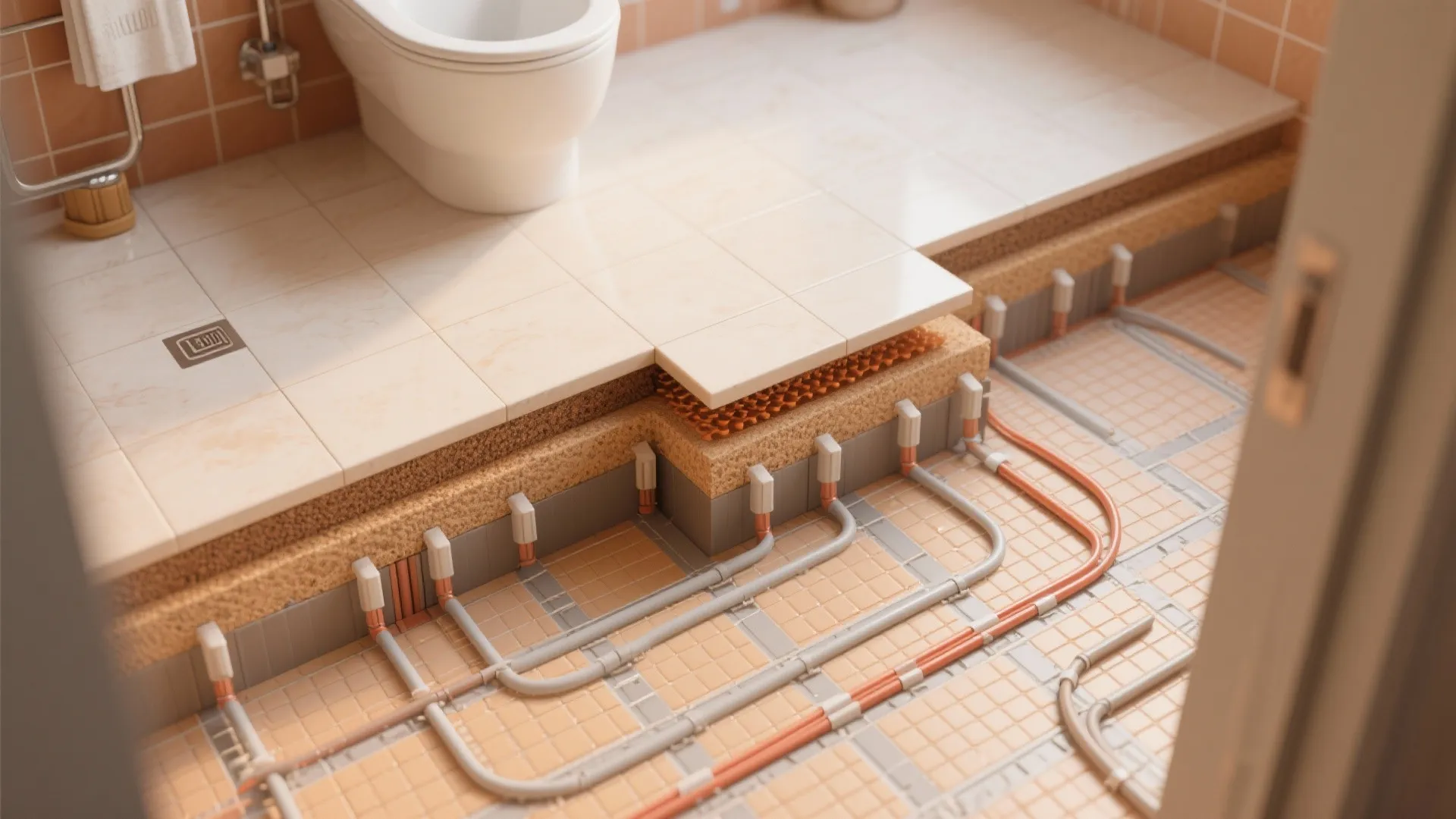 Top-down view of underfloor heating mat beneath bathroom tiles