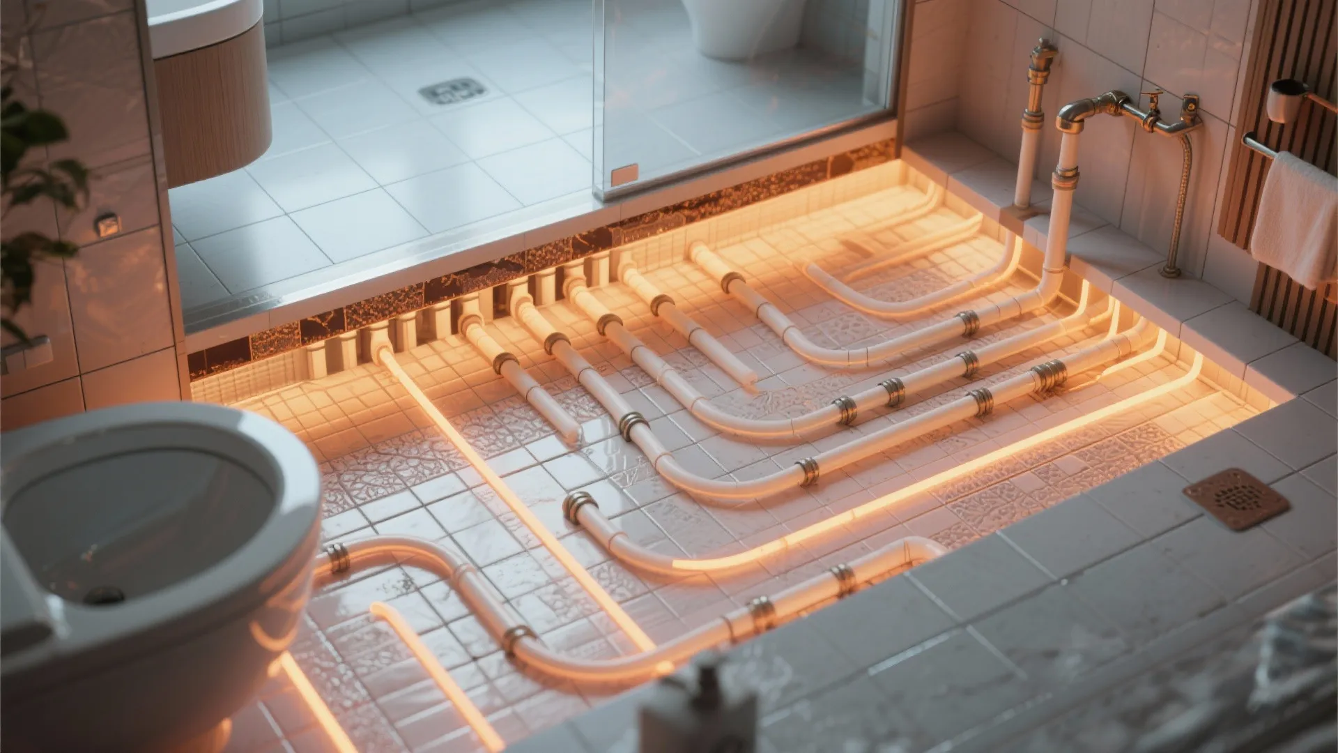 Bathroom floor layout showing glowing orange hot water pipes installed under white tiled floor surfaces
