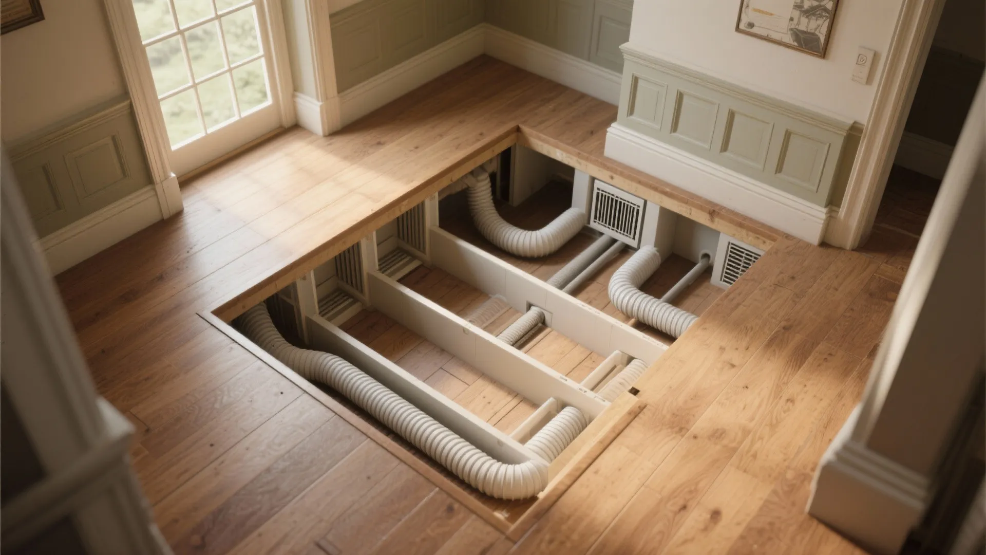 Cross section of wooden floor showing white air pipes for house ventilation and temperature control system
