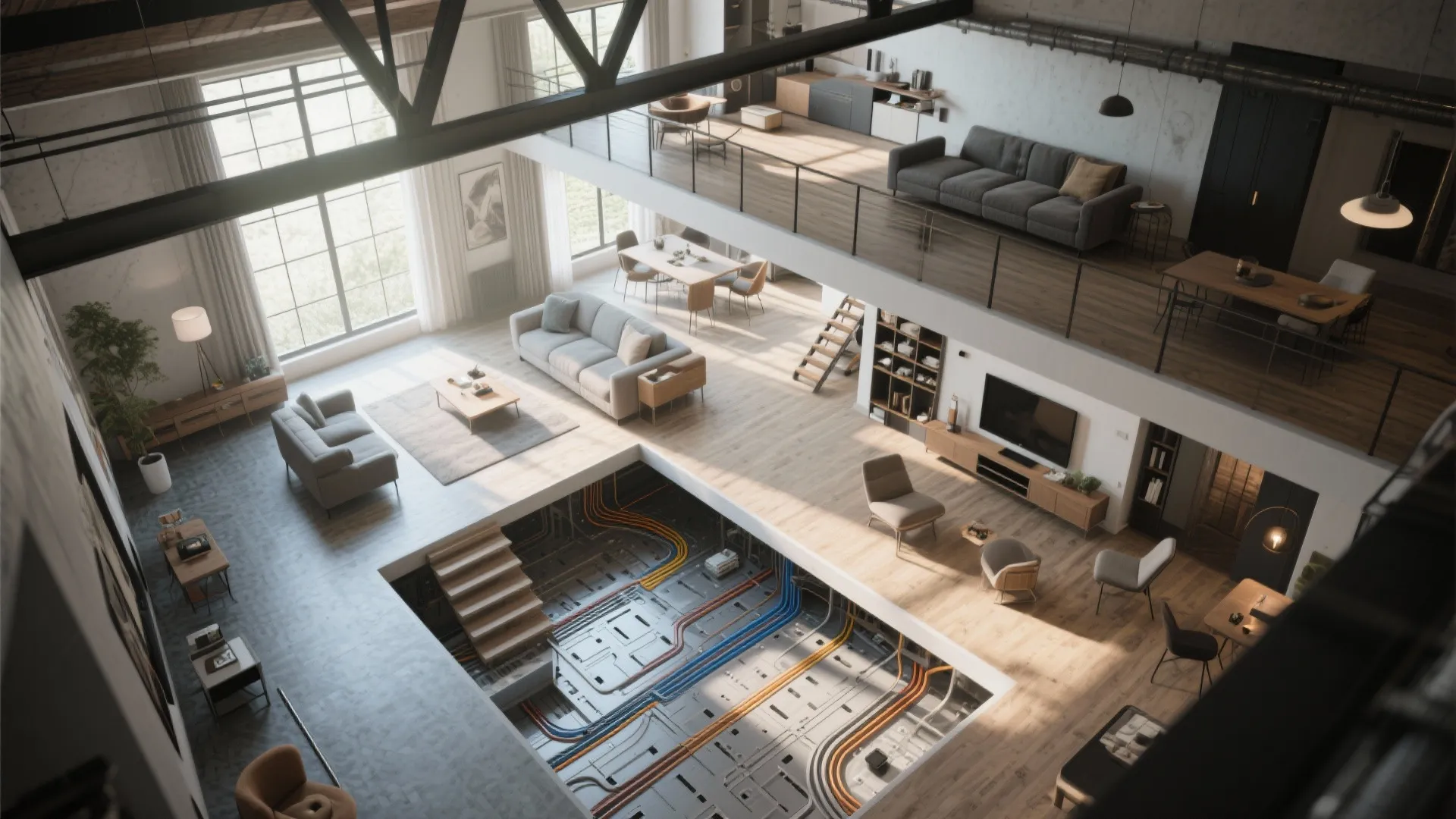Modern loft living room with exposed floor wiring system showing colorful cables beneath a wooden floor