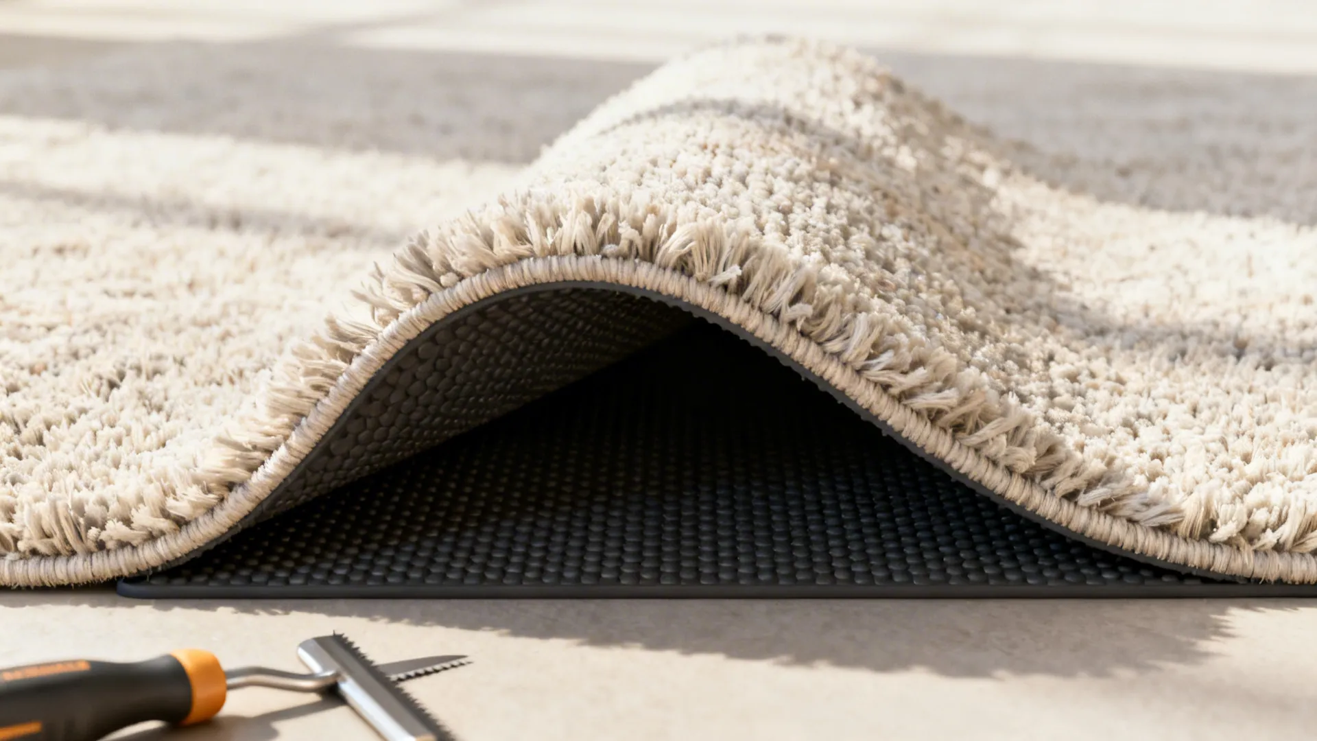 Rug edge lifted to show a quality non-slip underlay and tool for maintenance