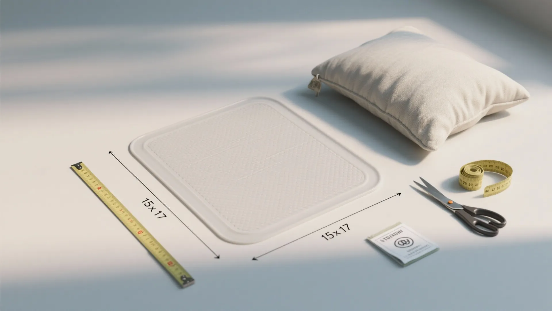 A white square cushion insert with measuring tape scissors and a pillow on a table