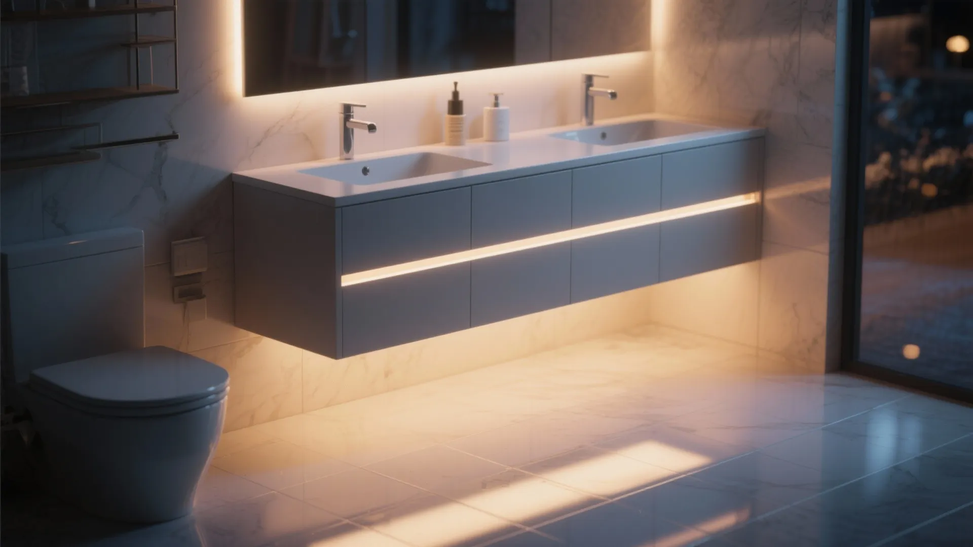 Double sink grey cabinet with warm yellow lights underneath marble walls toilet and floor tiles design