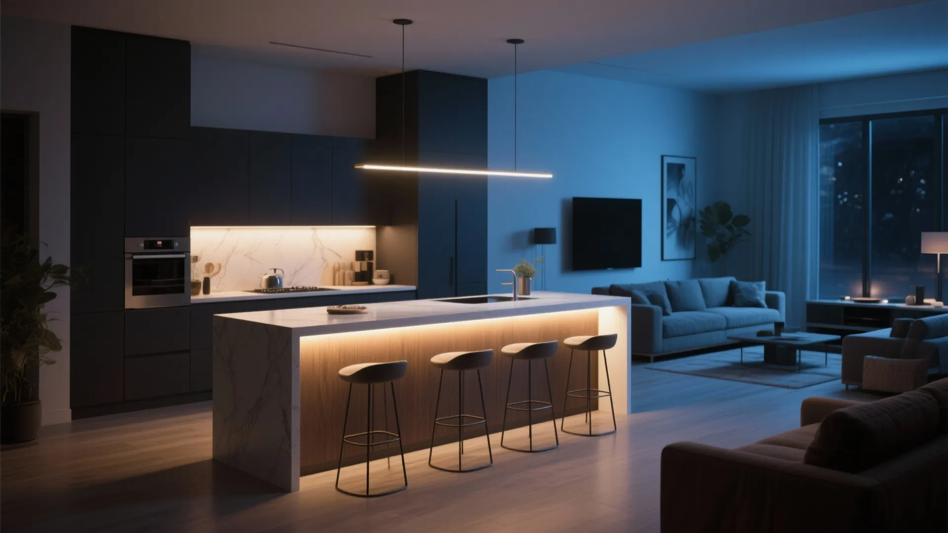 Kitchen island with warm under lighting black cabinets blue ambient light and cozy living room
