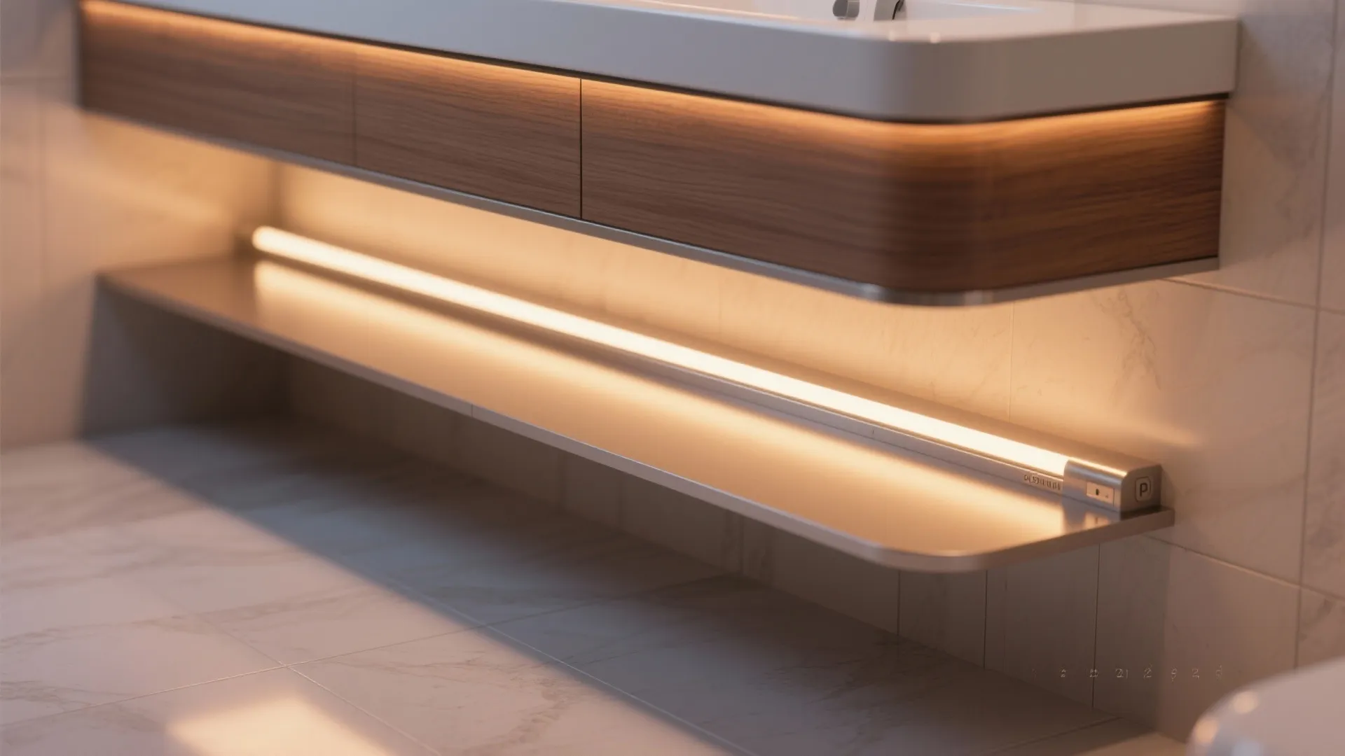 Macro close-up of warm under-vanity LED in an aluminum channel casting a soft halo on a matte bathroom floor.