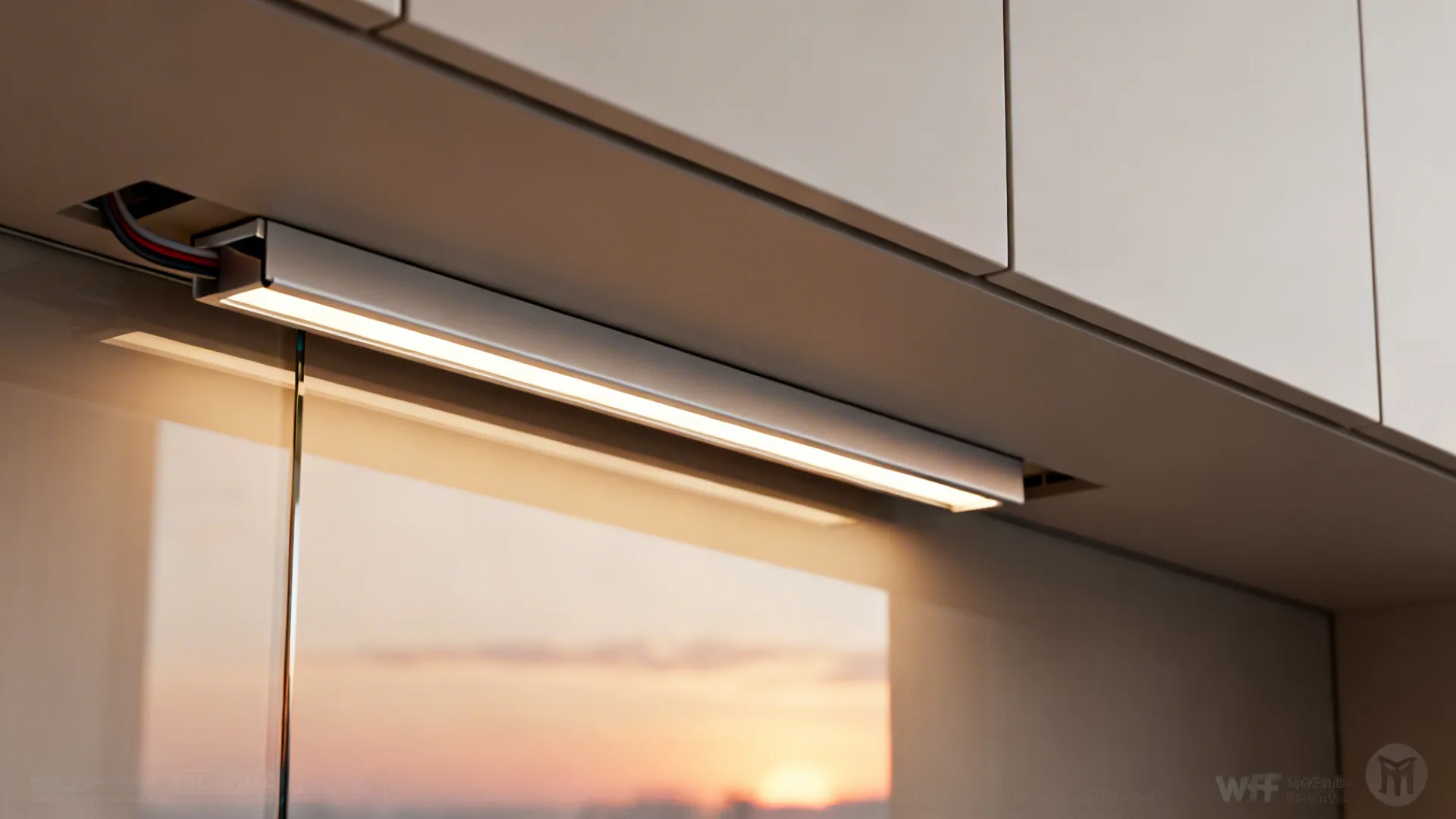 Macro section of recessed under-cabinet LED channel with shielding and clean wiring space.