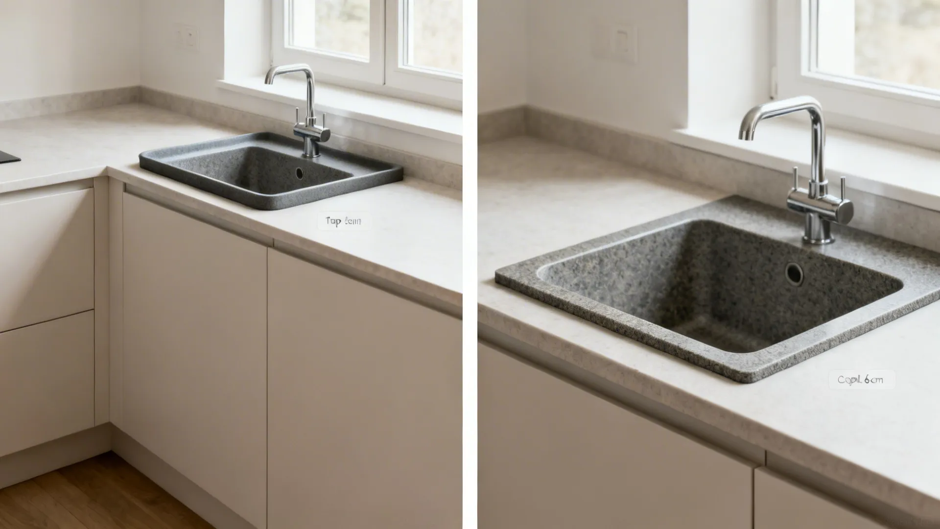 Before-and-after of a small galley counter changing from top-mount to compact undermount granite sink, gaining workspace.