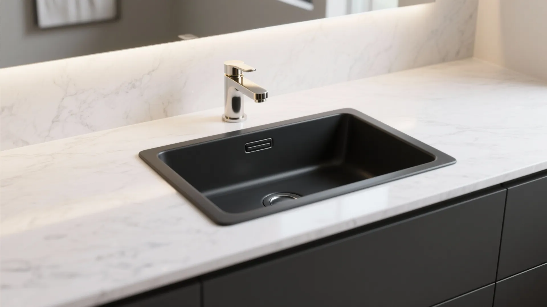 2. Undermount black composite sink with light countertop