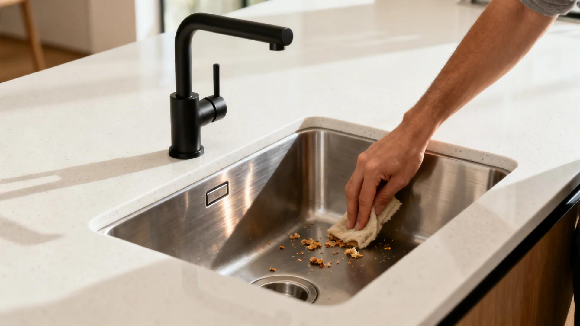 Undermount brushed stainless sink in quartz countertop with crumbs wiped directly into the basin.