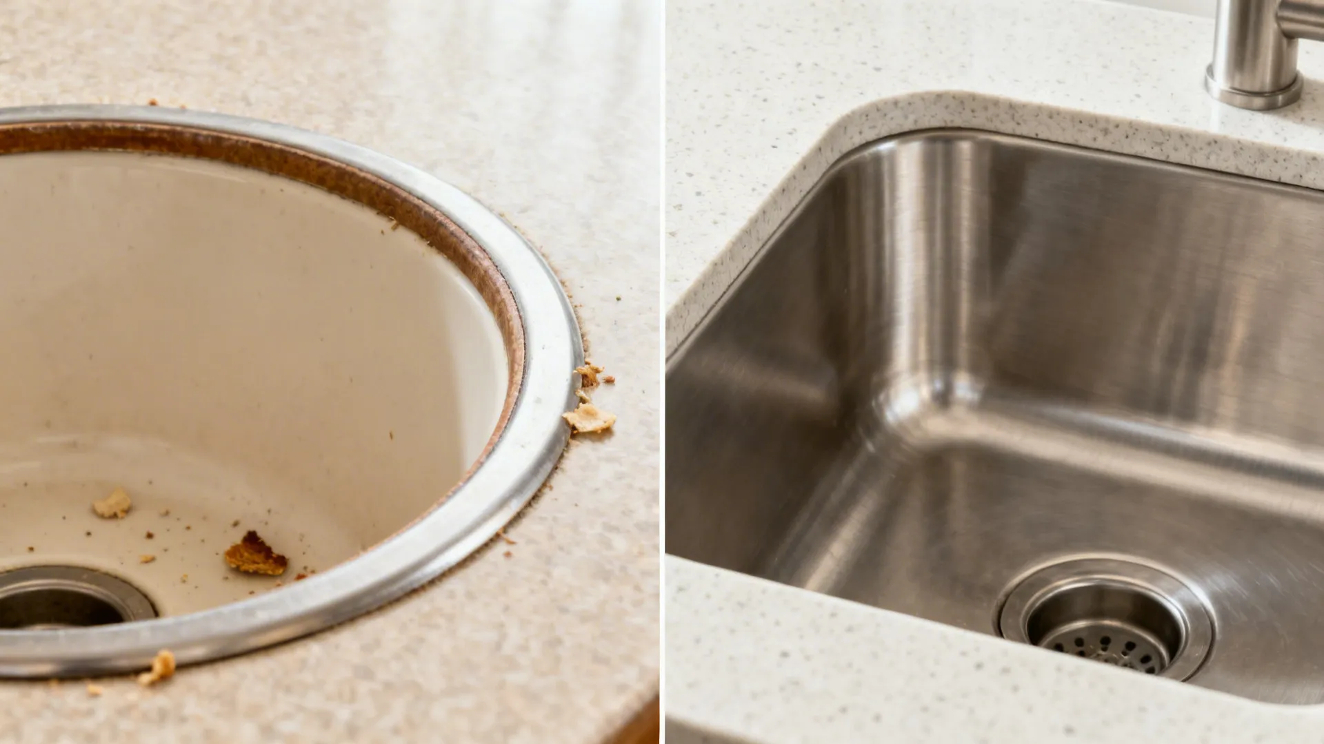 Before–after scene comparing a rimmed top-mount sink with a clean-edge undermount stainless sink in quartz.